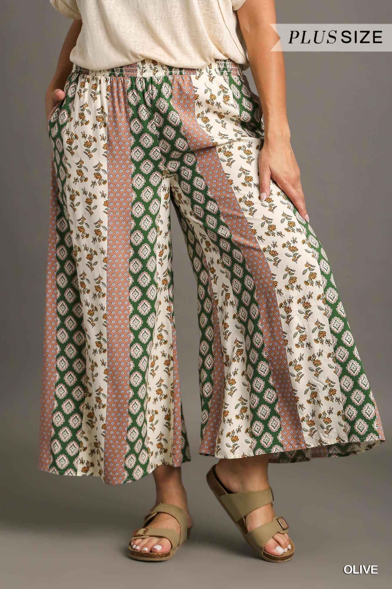 Umgee Plus Elastic Waistband Mixed Boarder Print Pants