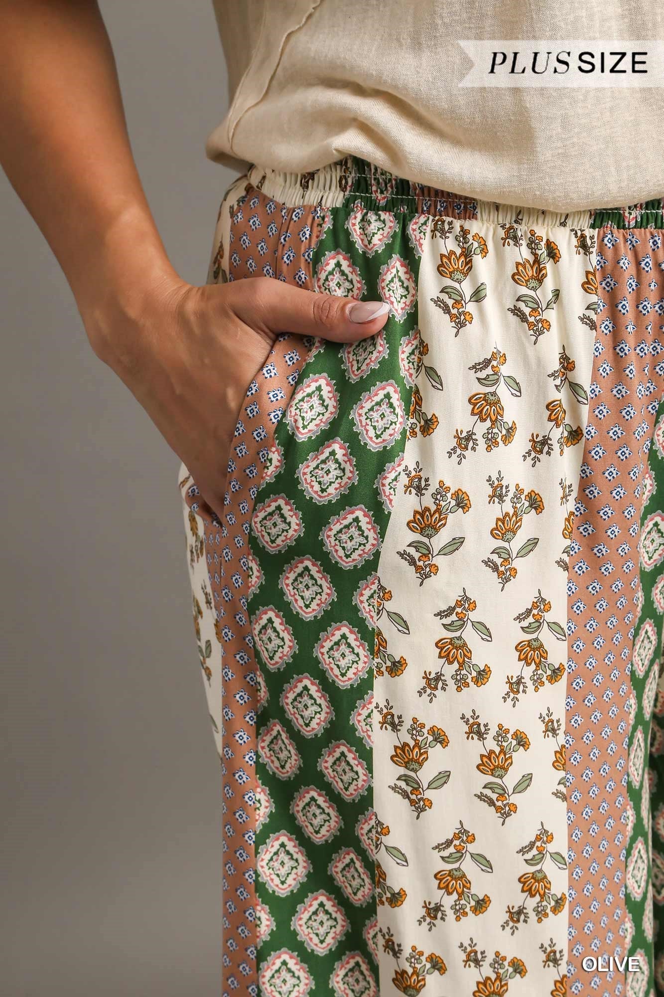 Umgee Plus Elastic Waistband Mixed Boarder Print Pants