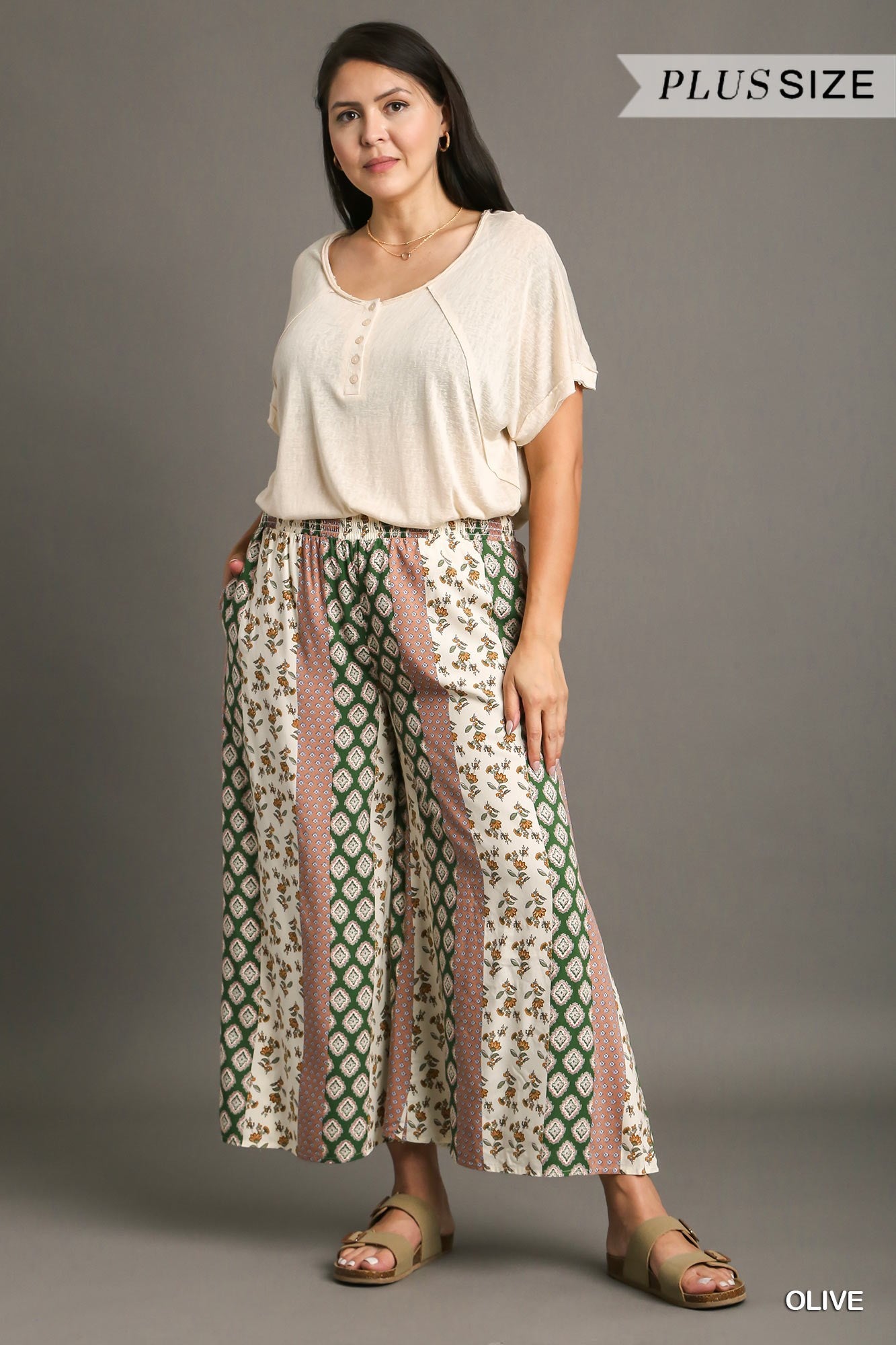 Umgee Plus Elastic Waistband Mixed Boarder Print Pants
