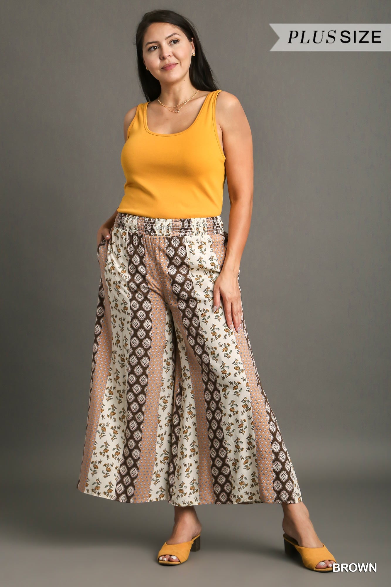 Umgee Plus Elastic Waistband Mixed Boarder Print Pants