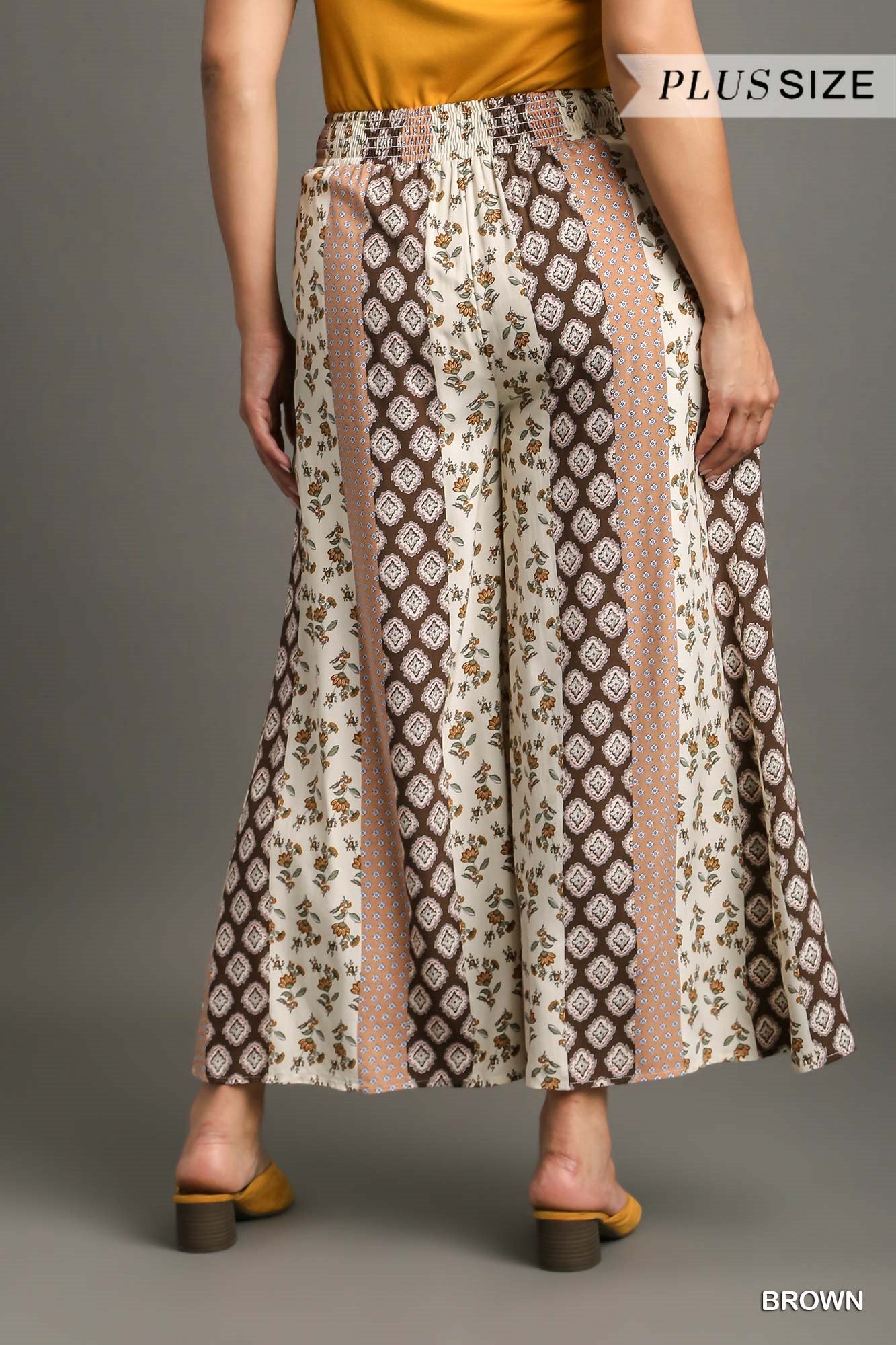 Umgee Plus Elastic Waistband Mixed Boarder Print Pants