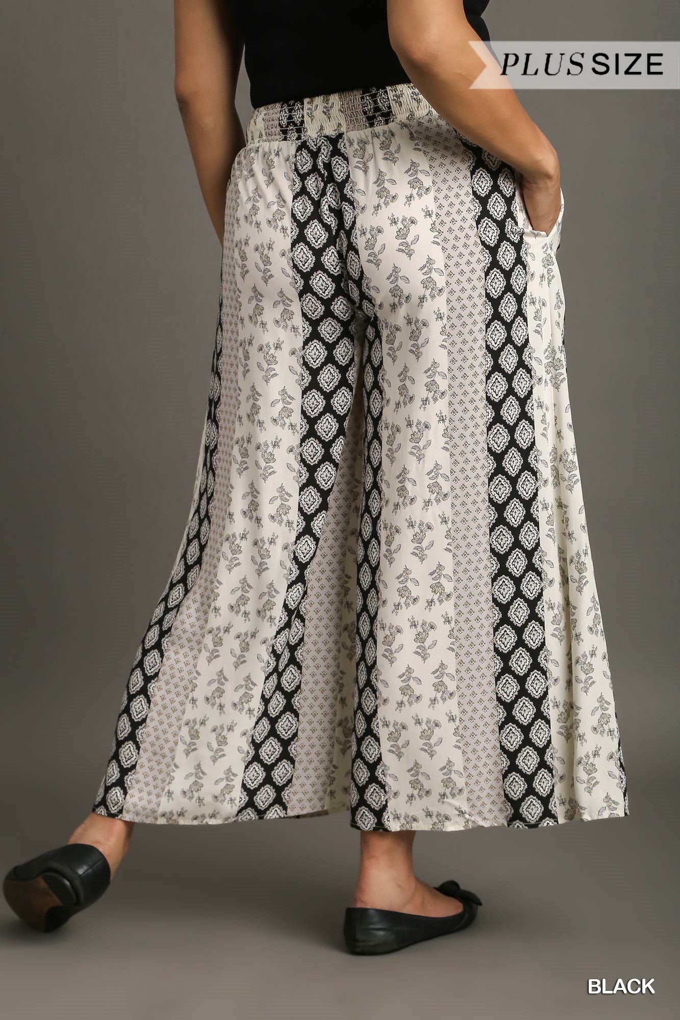 Umgee Plus Elastic Waistband Mixed Boarder Print Pants