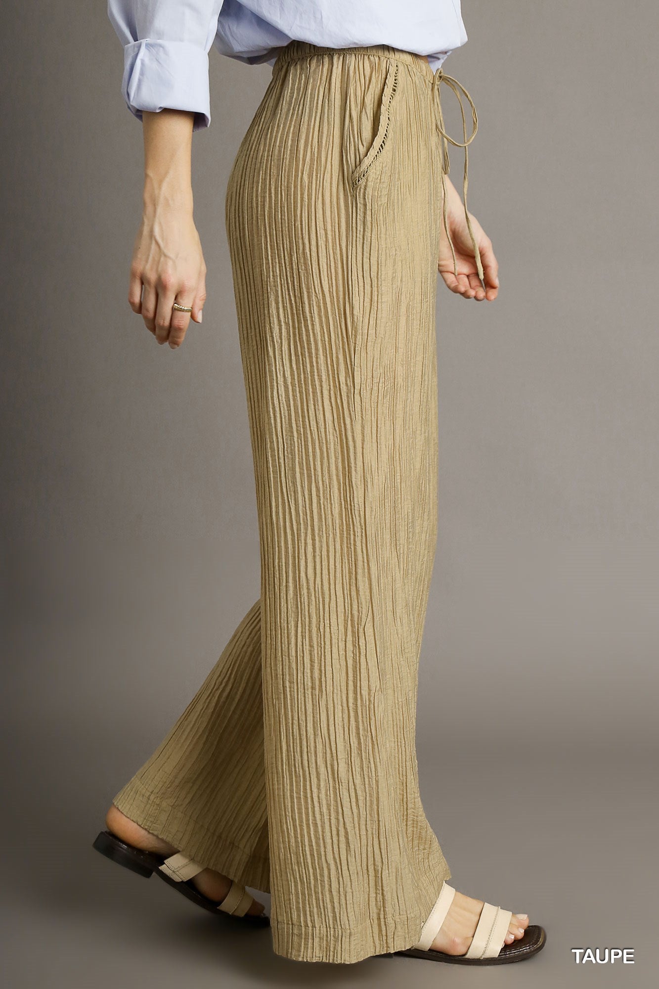 Umgee Crinkle Lace Trim Elastic Waistband Wide Leg Fit Pants