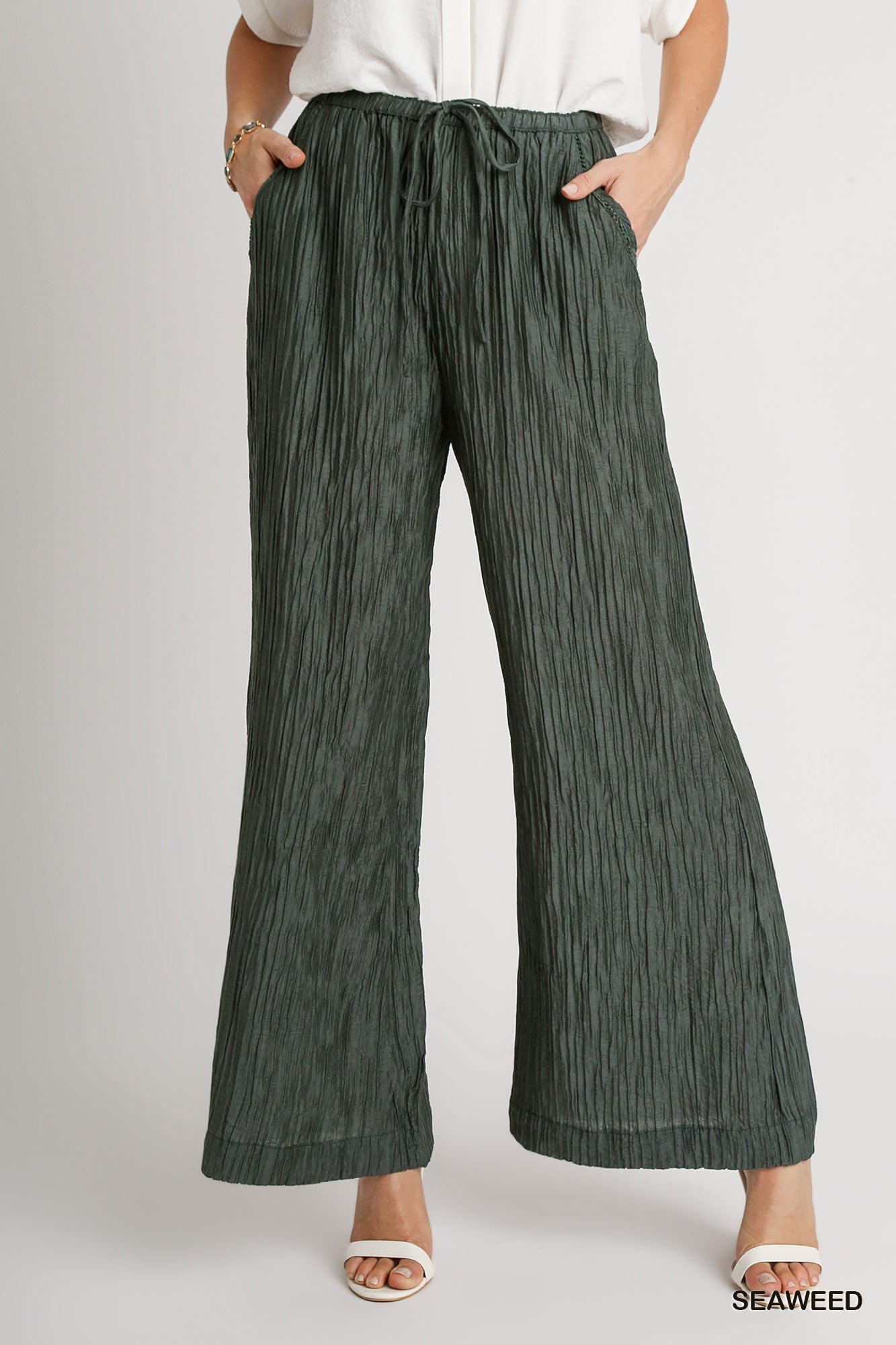 Umgee Crinkle Lace Trim Elastic Waistband Wide Leg Fit Pants