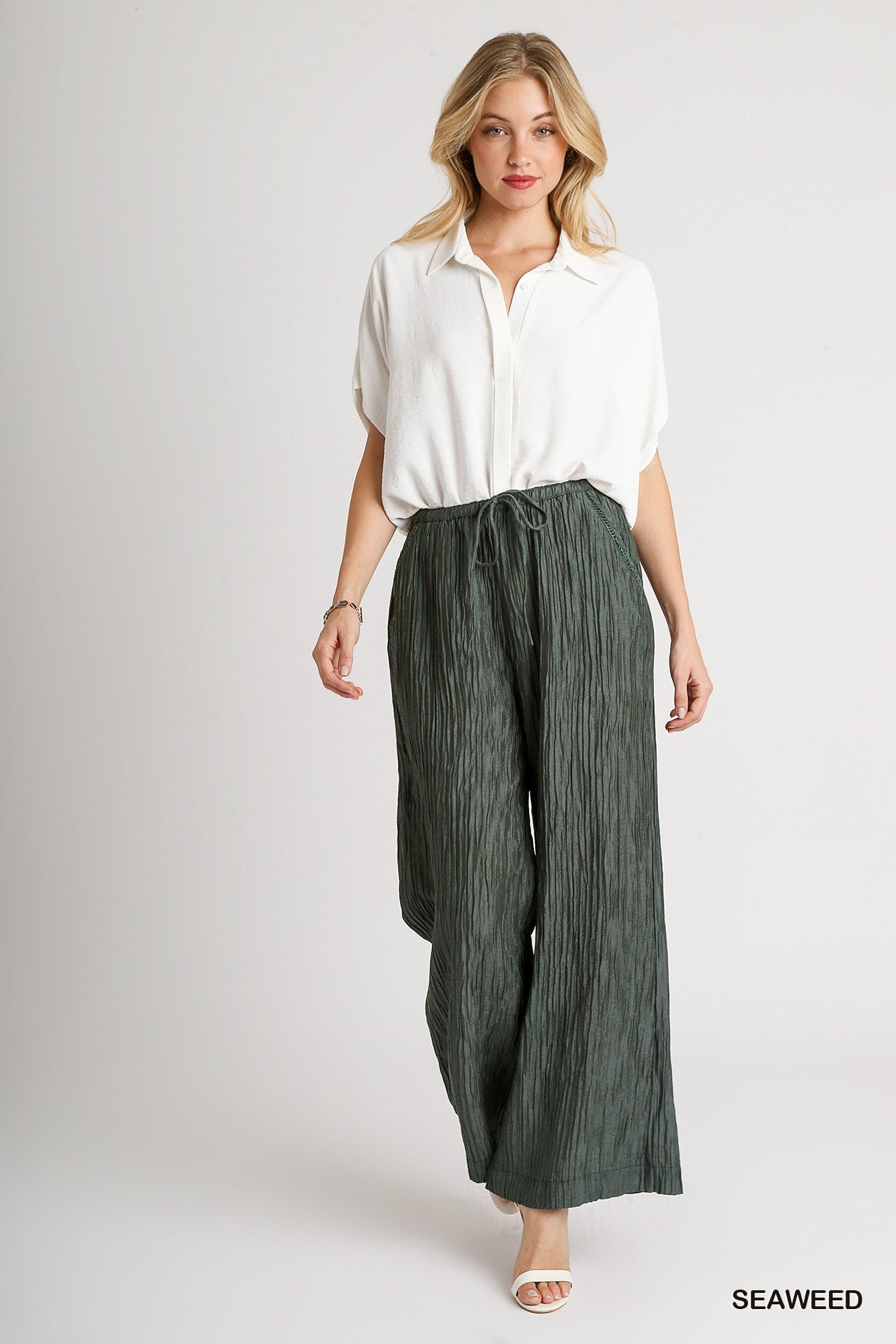 Umgee Crinkle Lace Trim Elastic Waistband Wide Leg Fit Pants