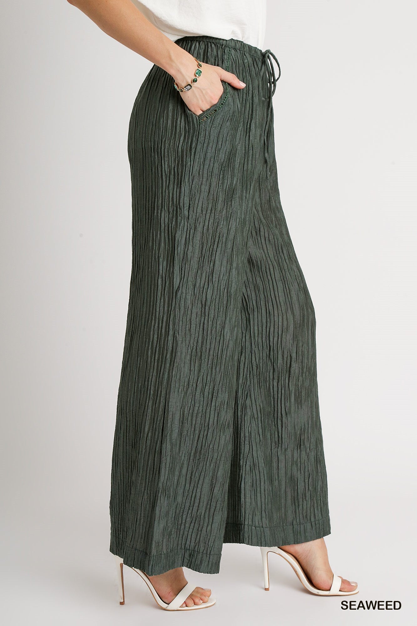 Umgee Crinkle Lace Trim Elastic Waistband Wide Leg Fit Pants