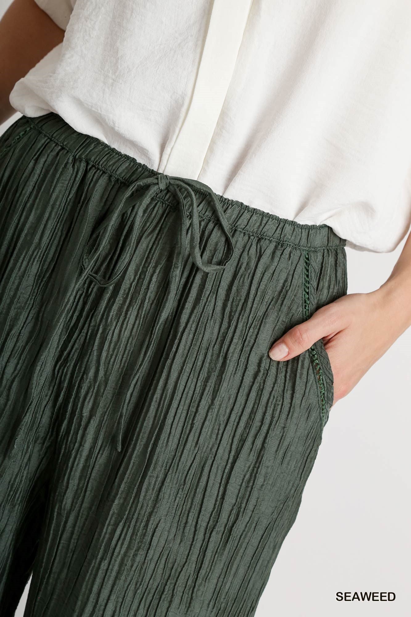 Umgee Crinkle Lace Trim Elastic Waistband Wide Leg Fit Pants