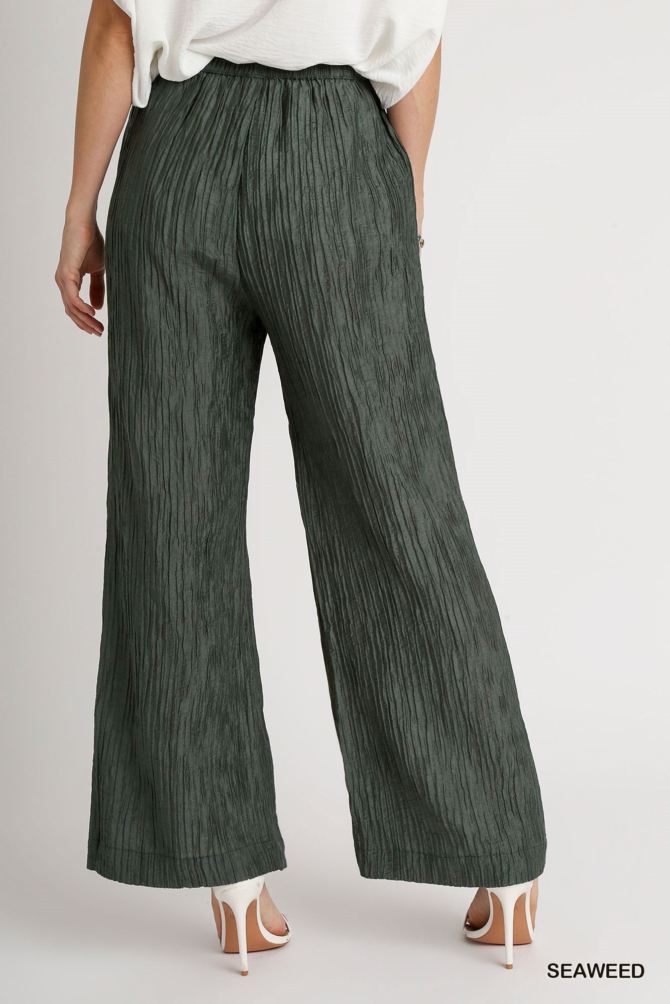 Umgee Crinkle Lace Trim Elastic Waistband Wide Leg Fit Pants