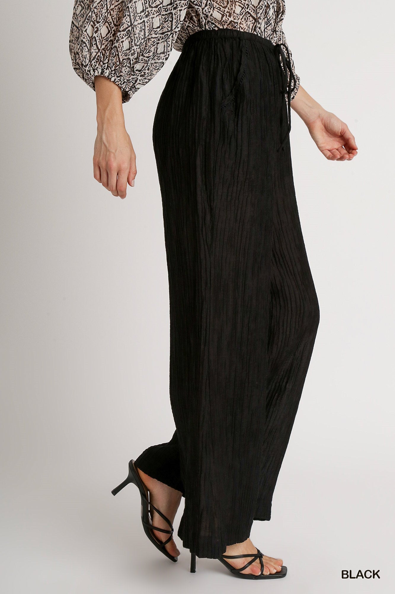 Umgee Crinkle Lace Trim Elastic Waistband Wide Leg Fit Pants