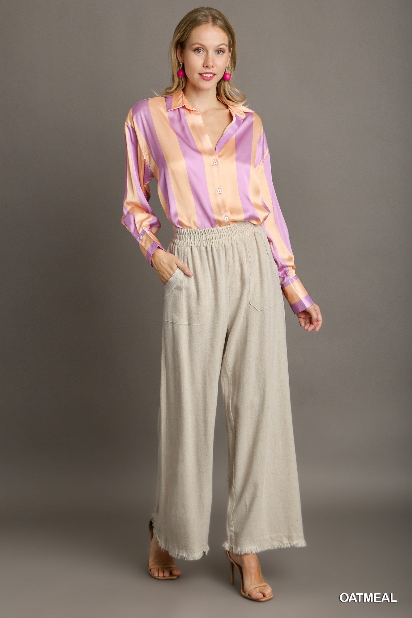 Umgee Linen Blend Elastic Waistband Wide Leg Side Pockets Pants