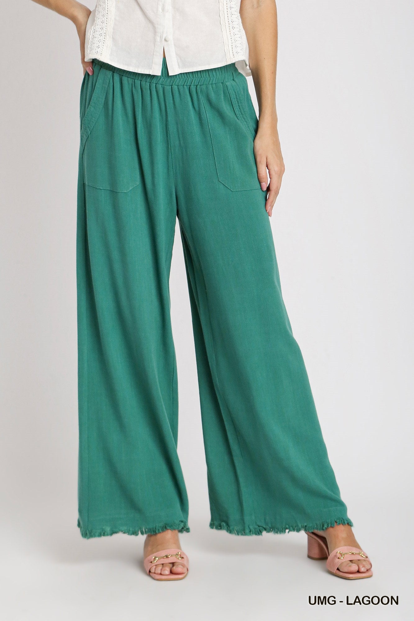 Umgee Linen Blend Elastic Waistband Wide Leg Side Pockets Pants