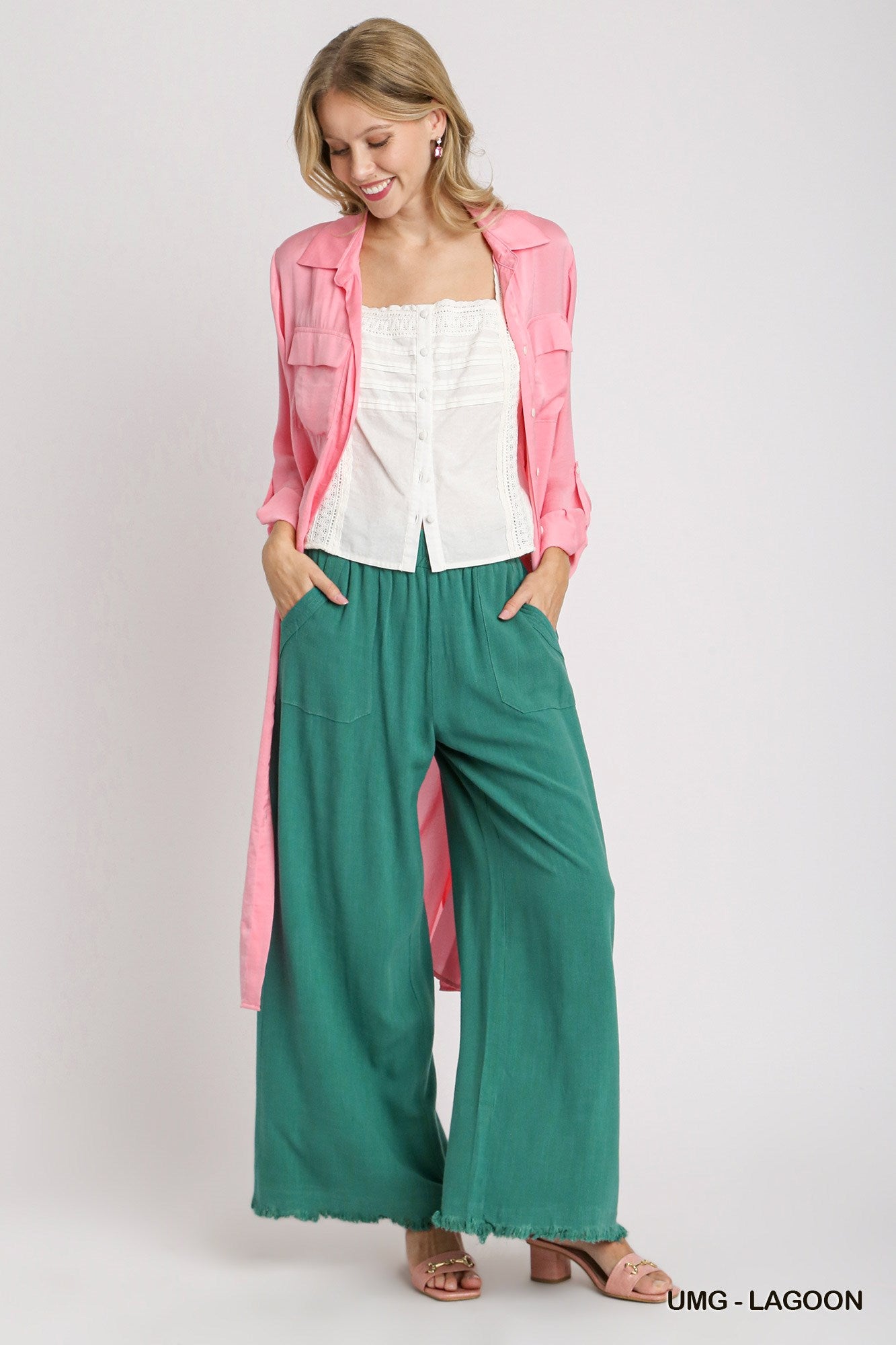 Umgee Linen Blend Elastic Waistband Wide Leg Side Pockets Pants