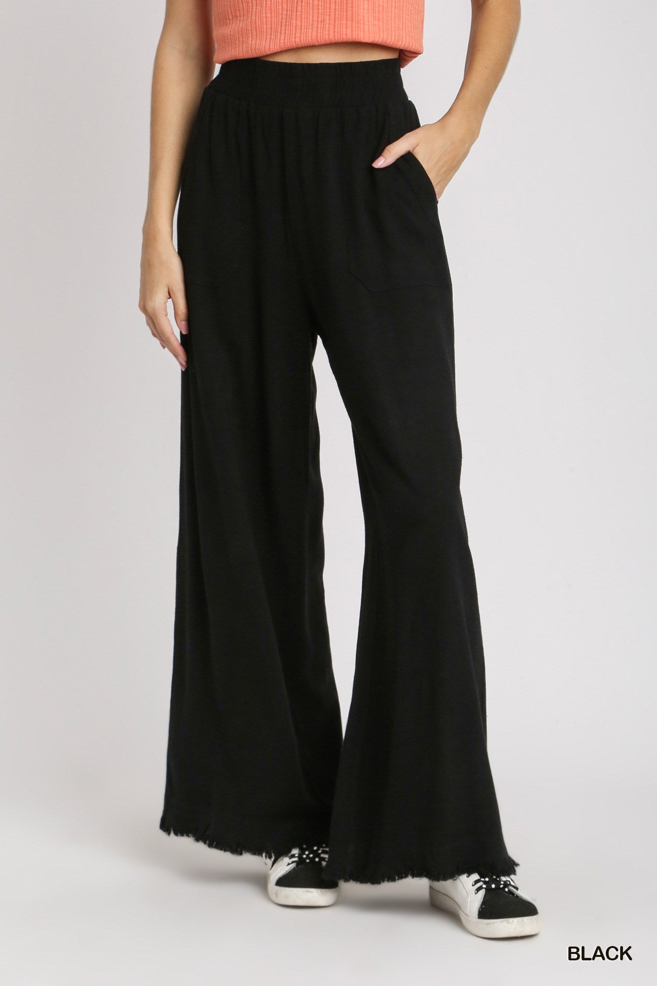 Umgee Linen Blend Elastic Waistband Wide Leg Side Pockets Pants