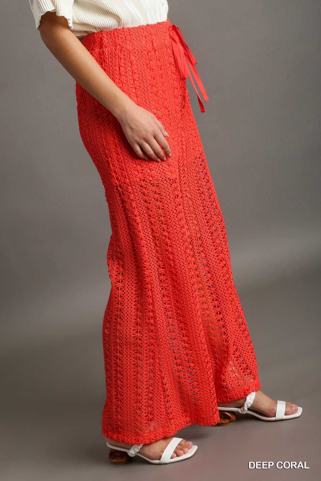 Umgee Crochet Lace Elastic Waistband Fabric Drawstring Pants