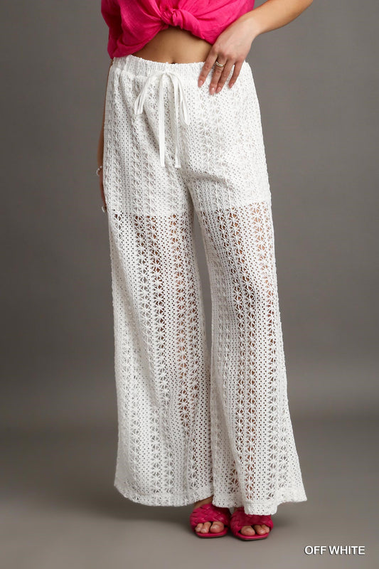 Umgee Crochet Lace Elastic Waistband Fabric Drawstring Pants