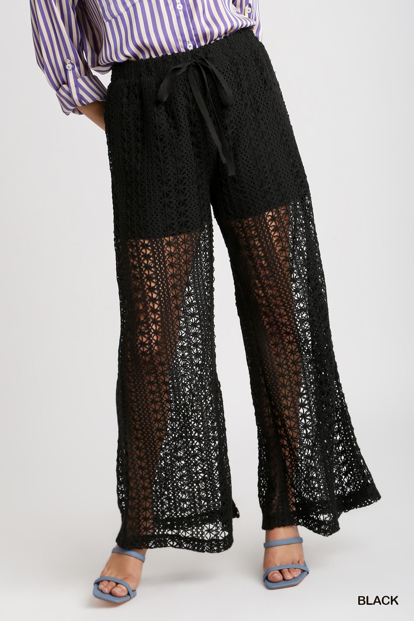Umgee Crochet Lace Elastic Waistband Fabric Drawstring Pants