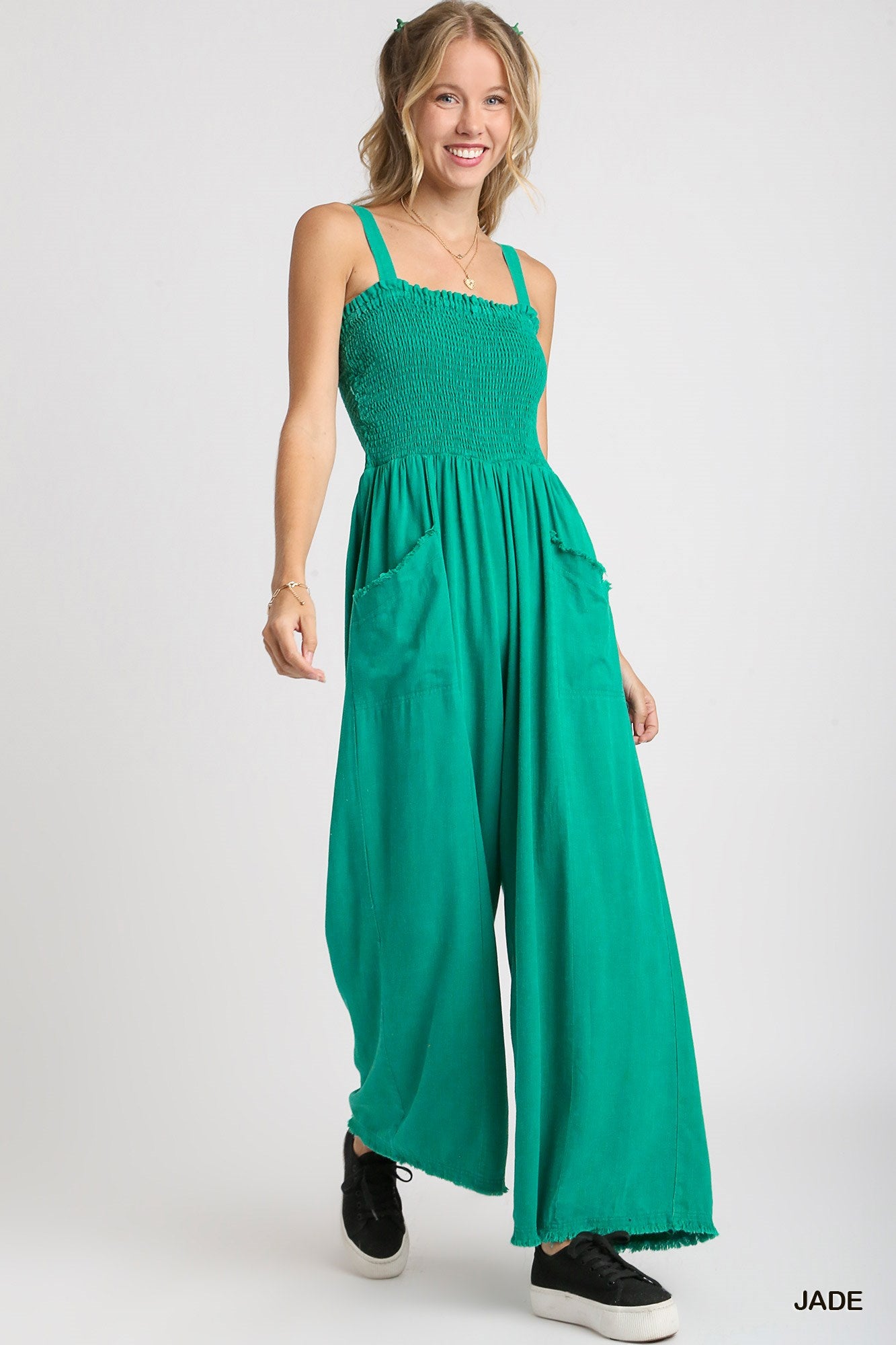 Umgee Linen Mineral Wash Wide Fit Front Pockets Smocking Jumpsuit