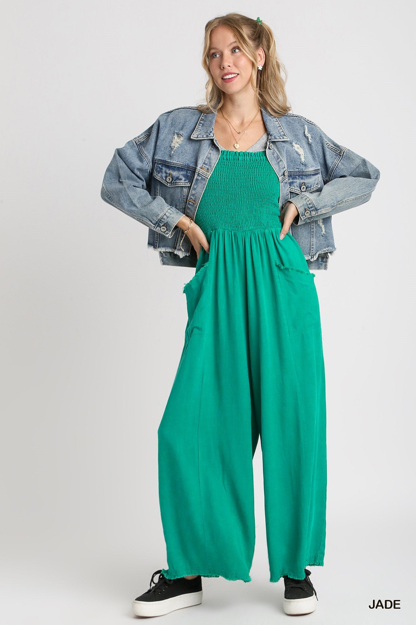 Umgee Linen Mineral Wash Wide Fit Front Pockets Smocking Jumpsuit