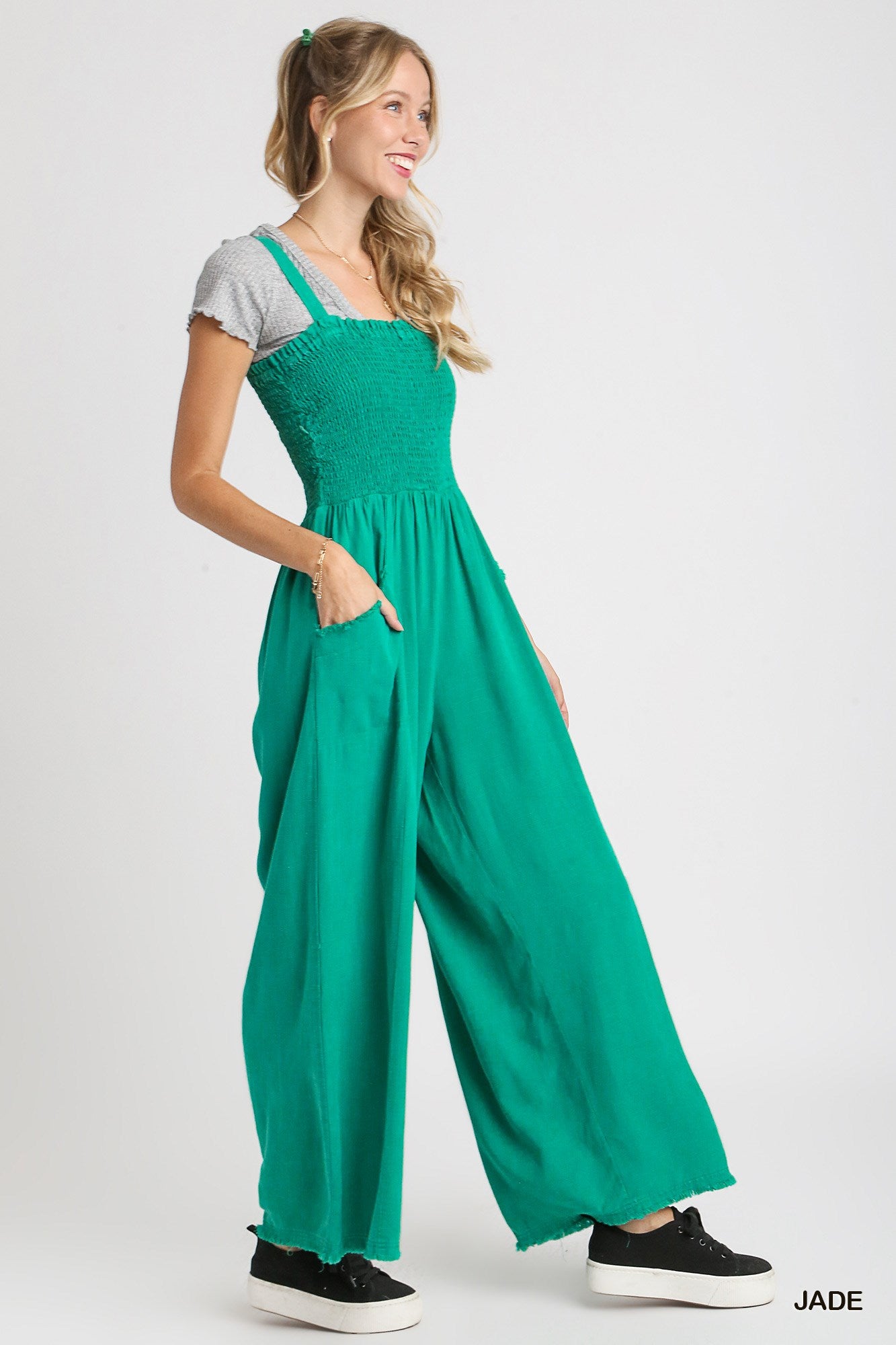 Umgee Linen Mineral Wash Wide Fit Front Pockets Smocking Jumpsuit