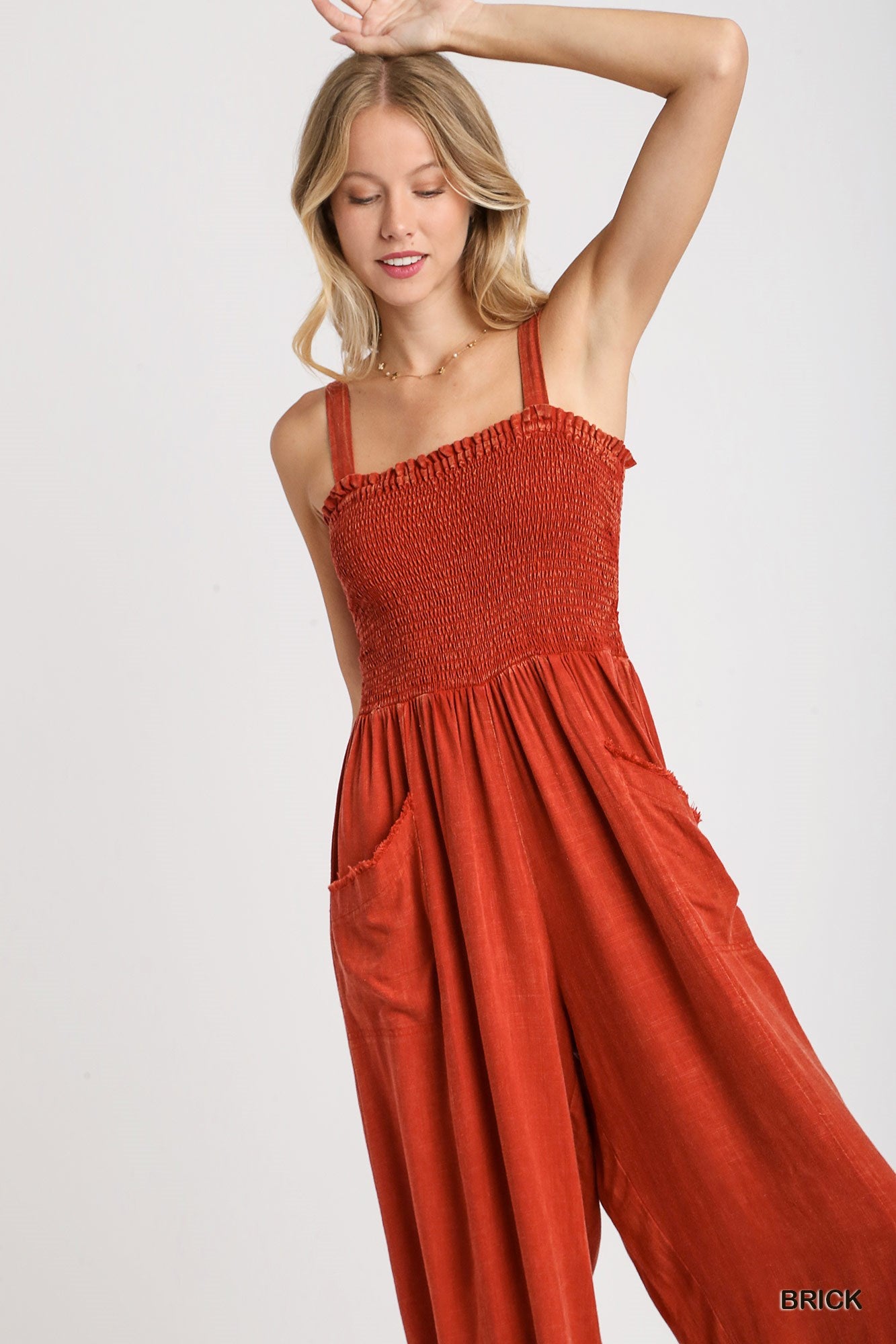 Umgee Linen Mineral Wash Wide Fit Front Pockets Smocking Jumpsuit