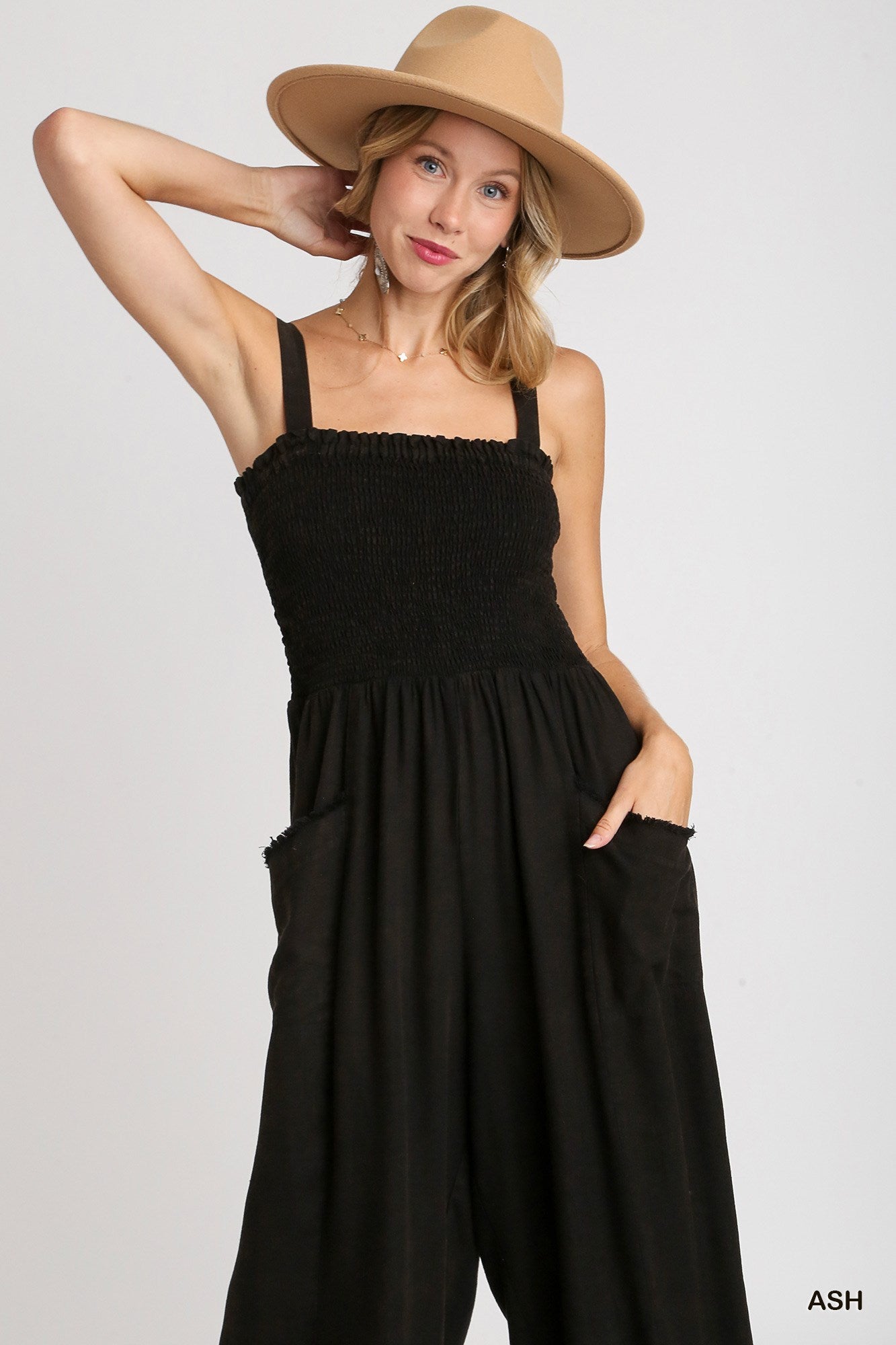 Umgee Linen Mineral Wash Wide Fit Front Pockets Smocking Jumpsuit