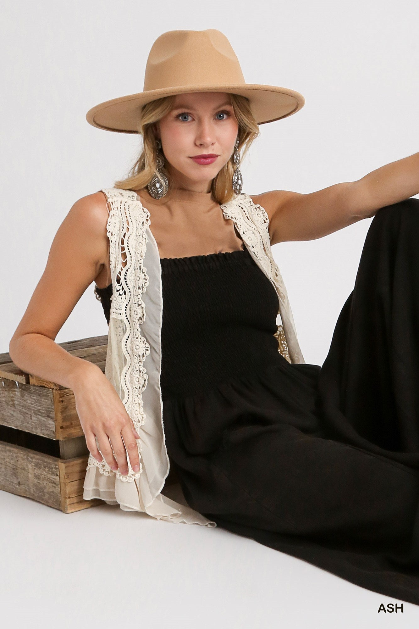 Umgee Linen Mineral Wash Wide Fit Front Pockets Smocking Jumpsuit