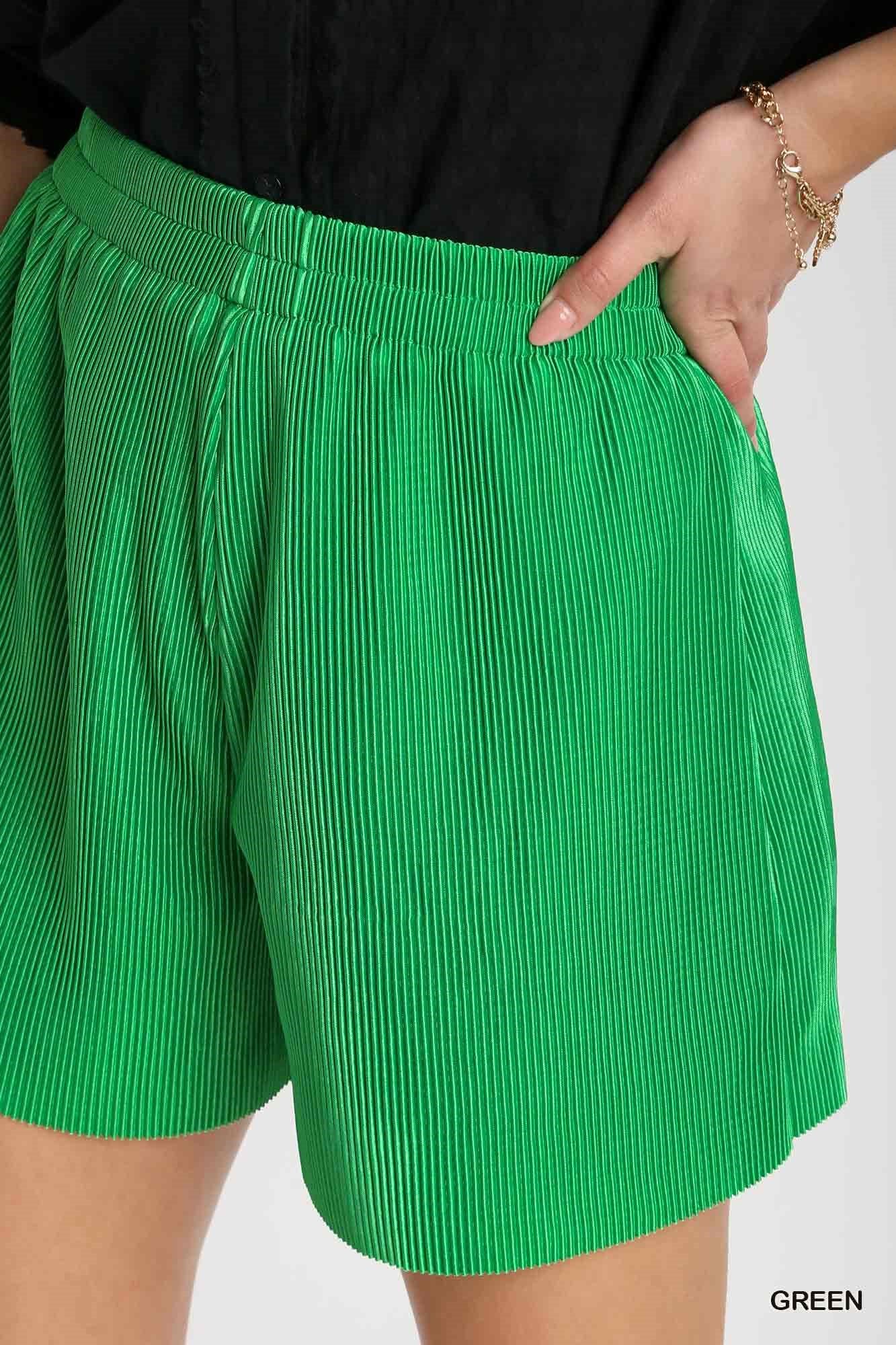 Umgee Satin Pleated Elastic Waist Band Low Edge Hem Shorts