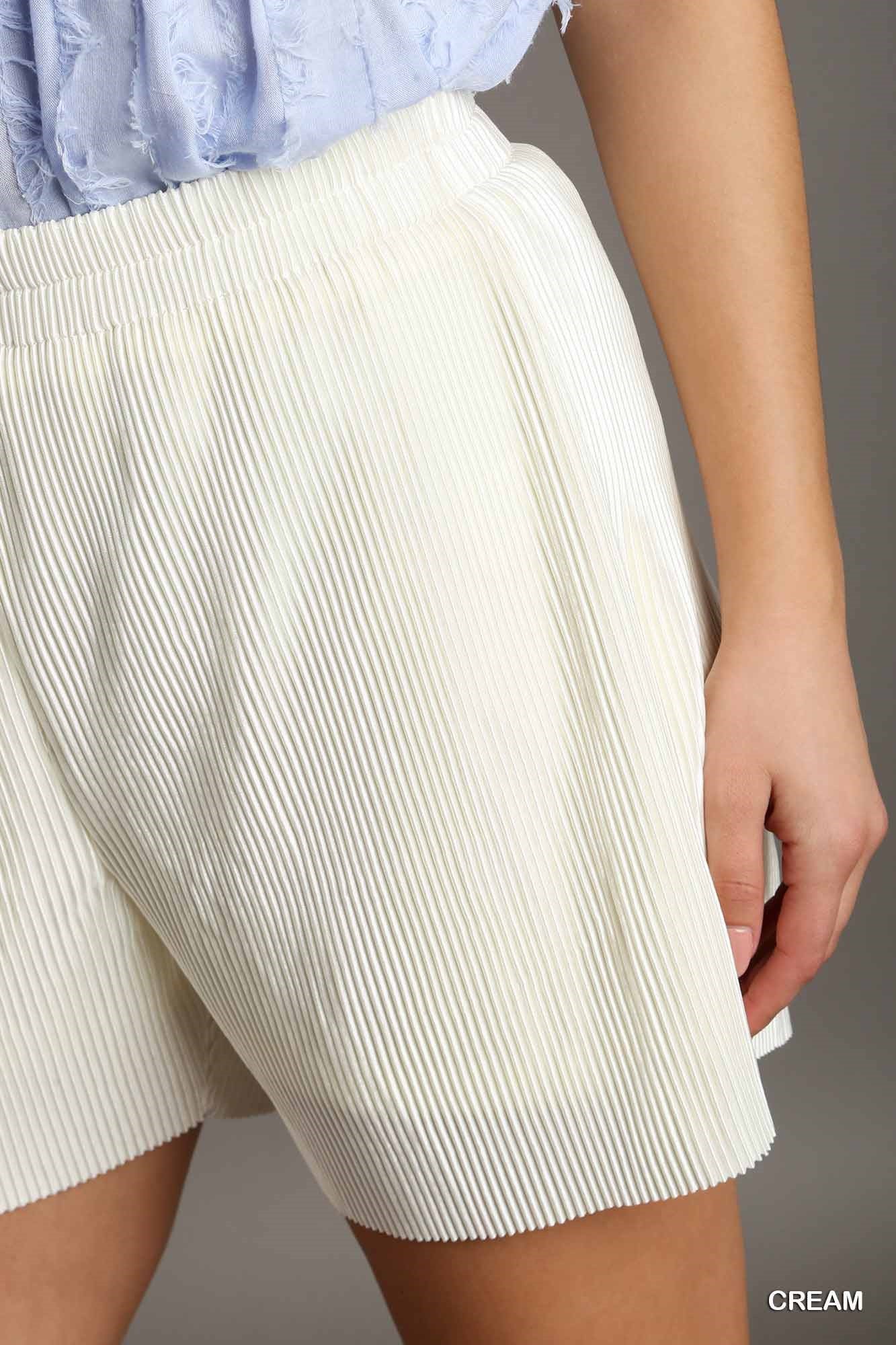 Umgee Satin Pleated Elastic Waist Band Low Edge Hem Shorts