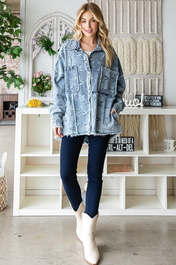 Oli & Hali Star Texture Denim Washed Oversize Shirts Jacket