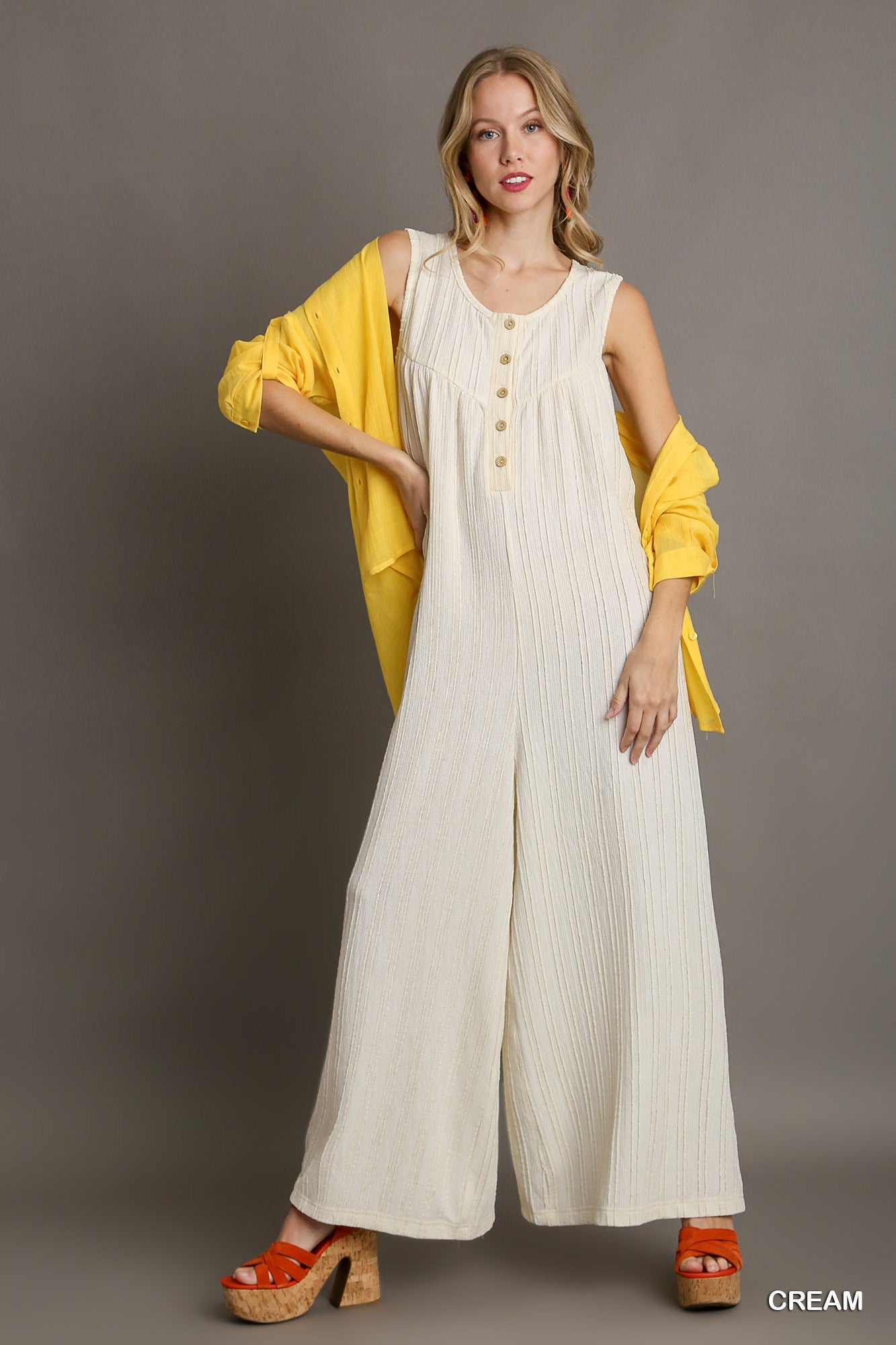 Umgee Textured Knit Fabric Sleeveless Wide Leg Jumpsuit