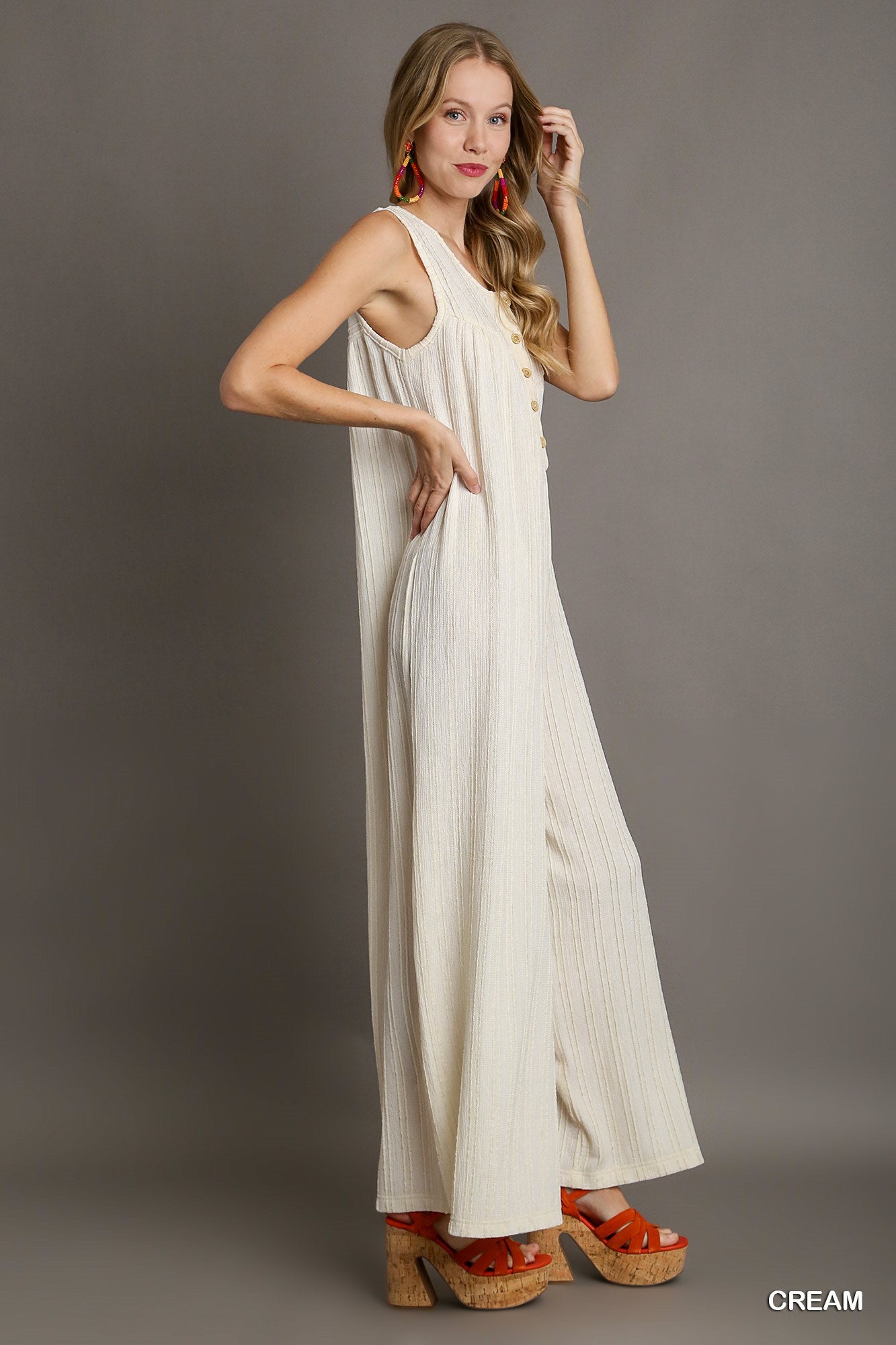 Umgee Textured Knit Fabric Sleeveless Wide Leg Jumpsuit