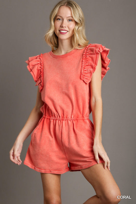 Umgee French Terry Round Neck Elastic Waist Ruffle Sleeves Romper
