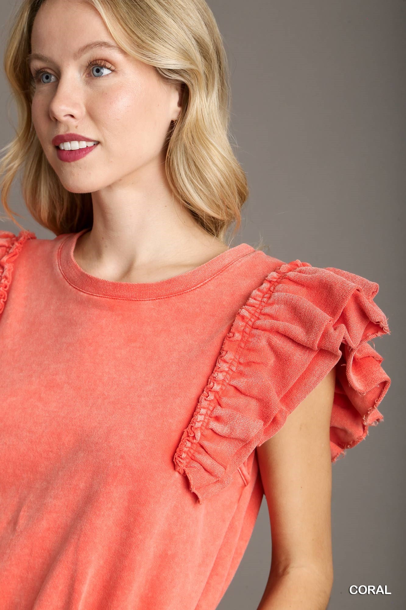 Umgee French Terry Round Neck Elastic Waist Ruffle Sleeves Romper