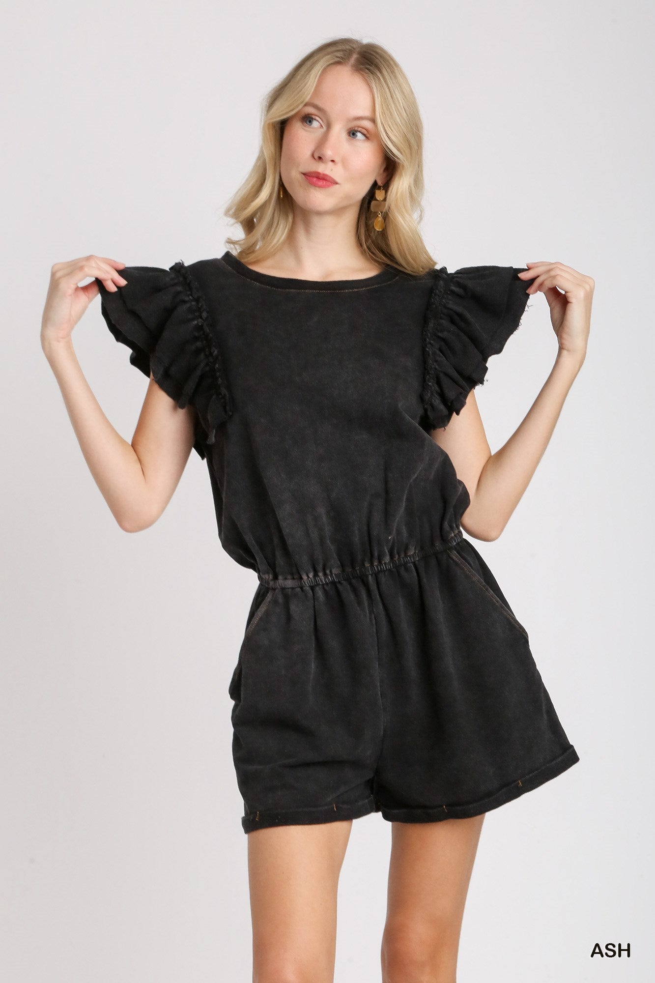 Umgee French Terry Round Neck Elastic Waist Ruffle Sleeves Romper