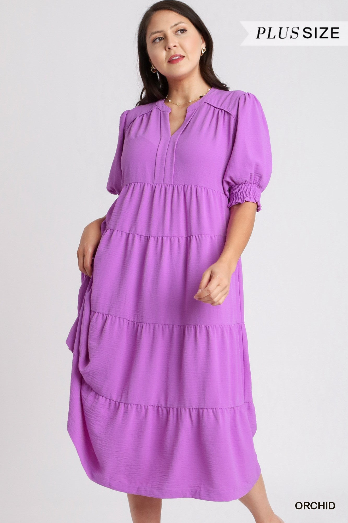 Umgee Plus Solid A-Line Tiered Split Neck Balloon Sleeves Piping Midi Dress