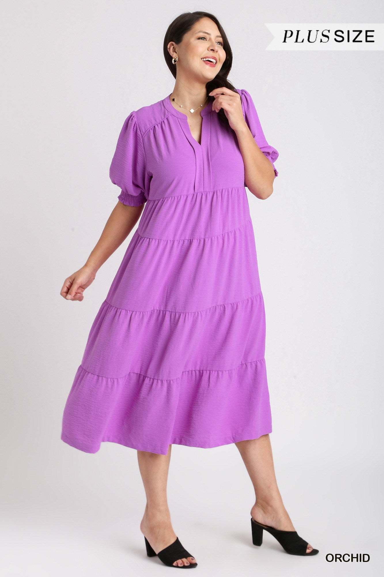 Umgee Plus Solid A-Line Tiered Split Neck Balloon Sleeves Piping Midi Dress