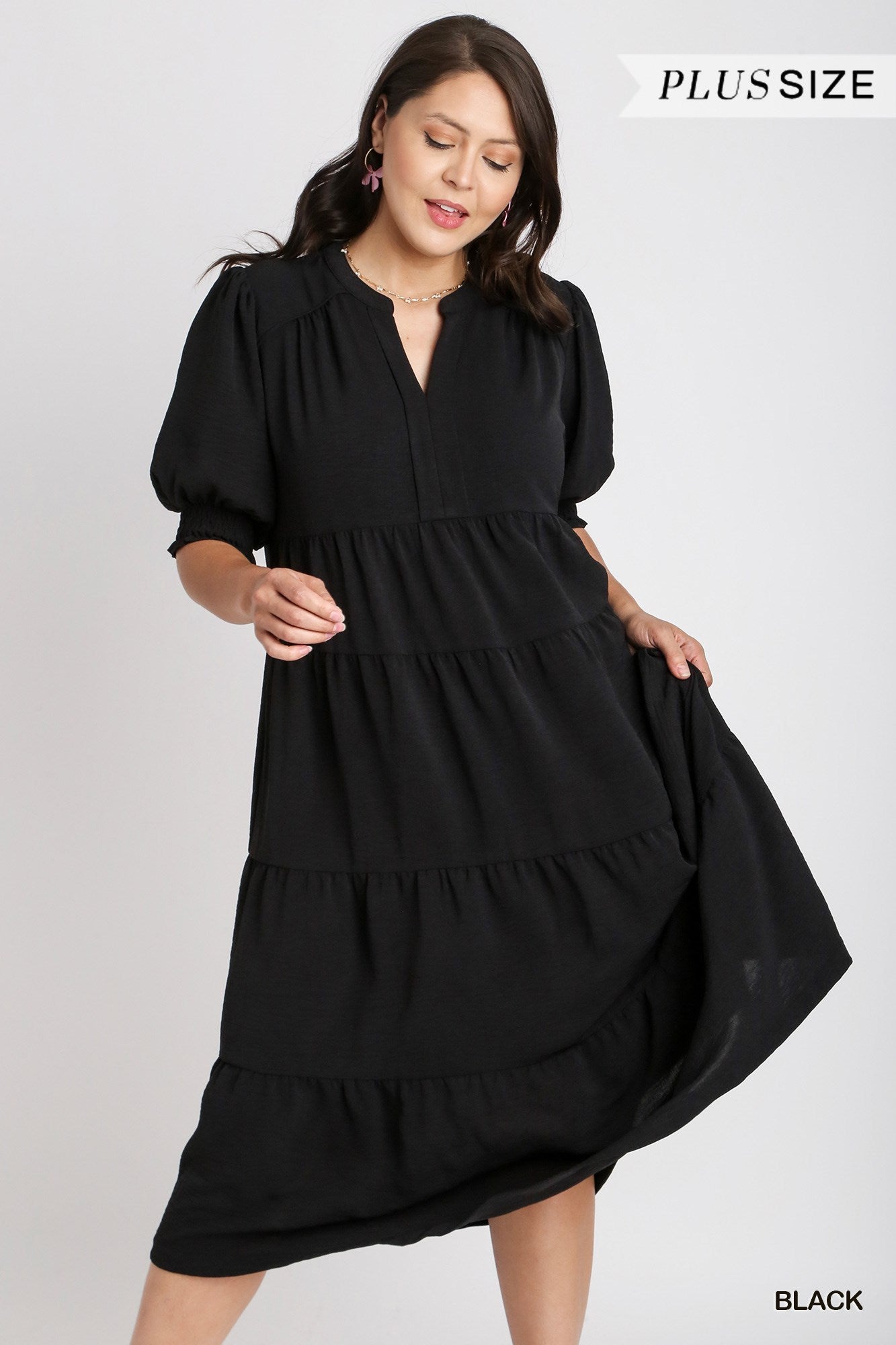 Umgee Plus Solid A-Line Tiered Split Neck Balloon Sleeves Piping Midi Dress