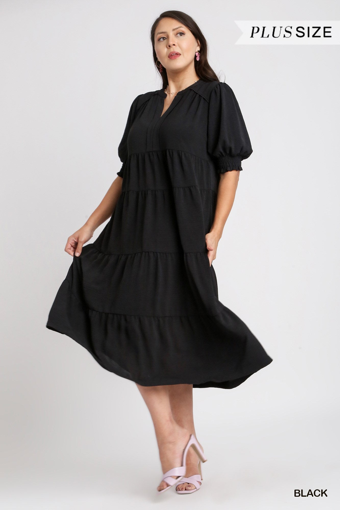 Umgee Plus Solid A-Line Tiered Split Neck Balloon Sleeves Piping Midi Dress