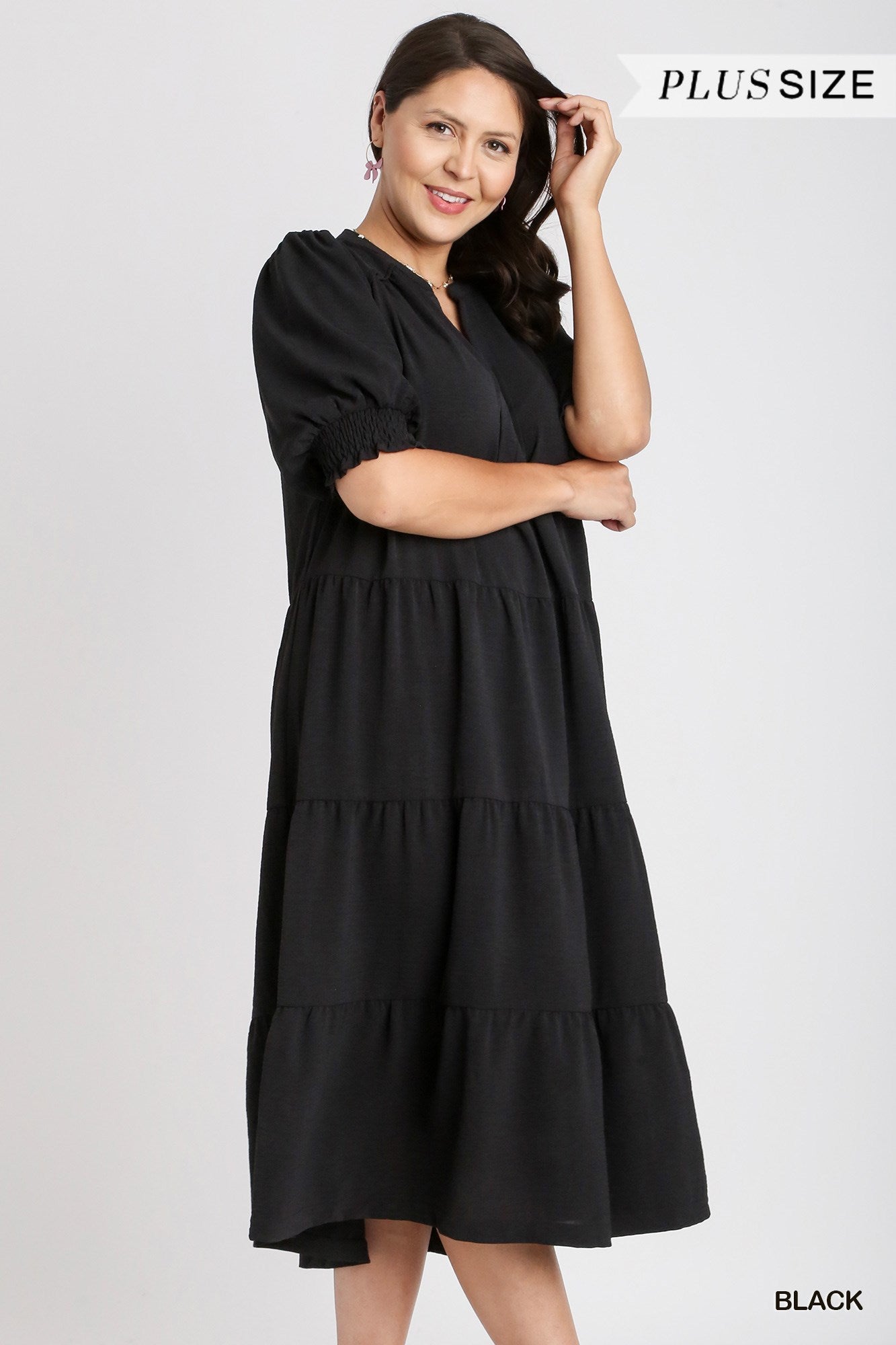 Umgee Plus Solid A-Line Tiered Split Neck Balloon Sleeves Piping Midi Dress