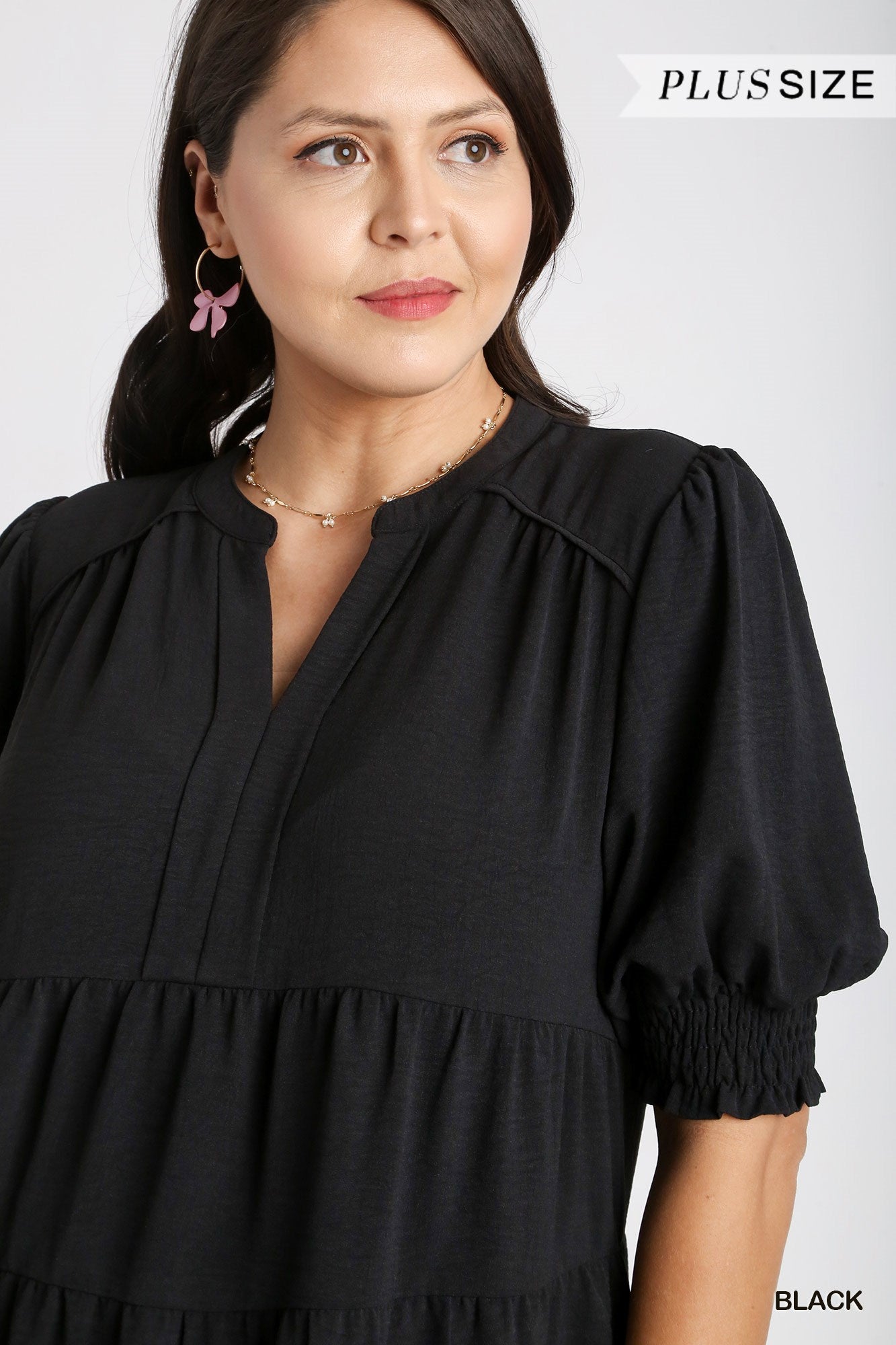 Umgee Plus Solid A-Line Tiered Split Neck Balloon Sleeves Piping Midi Dress