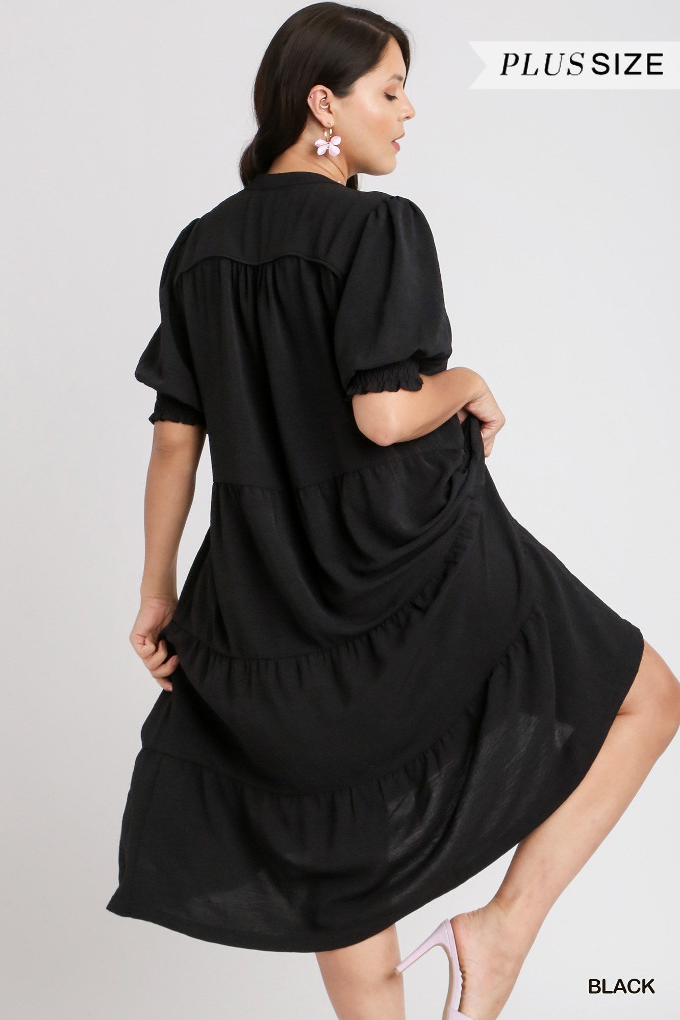 Umgee Plus Solid A-Line Tiered Split Neck Balloon Sleeves Piping Midi Dress