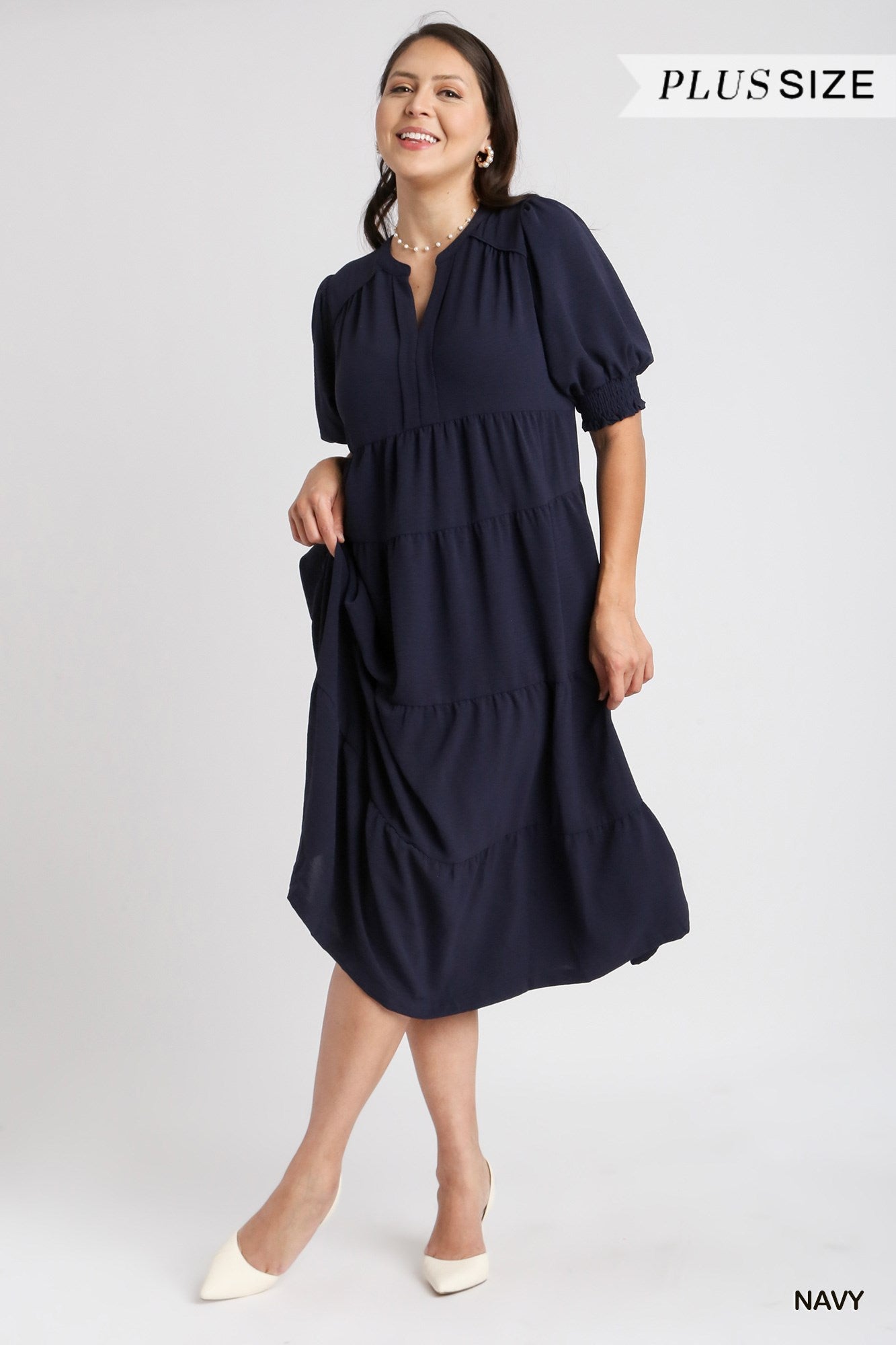 Umgee Plus Solid A-Line Tiered Split Neck Balloon Sleeves Piping Midi Dress
