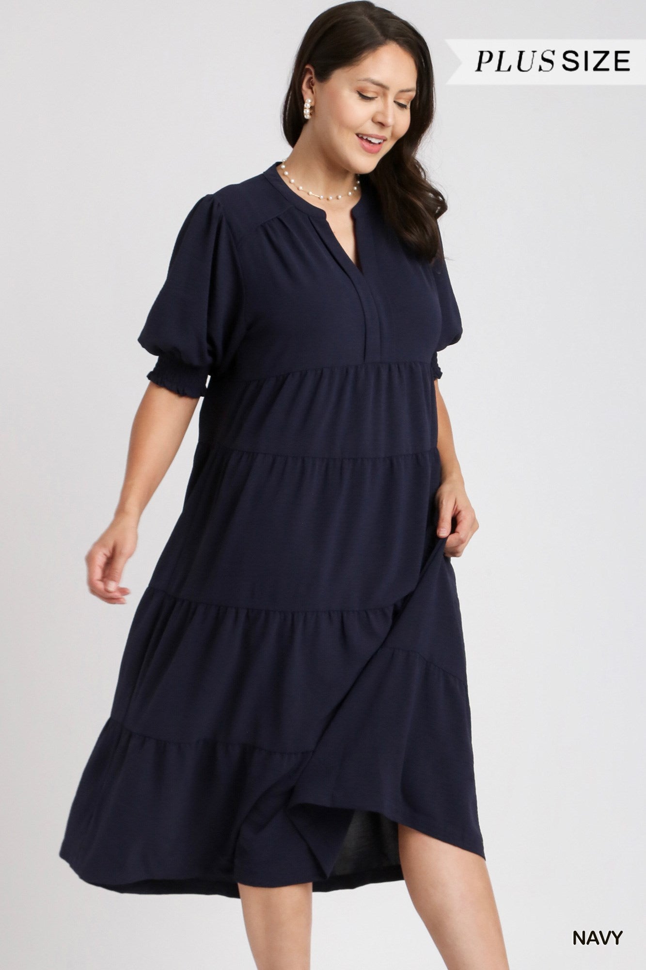 Umgee Plus Solid A-Line Tiered Split Neck Balloon Sleeves Piping Midi Dress