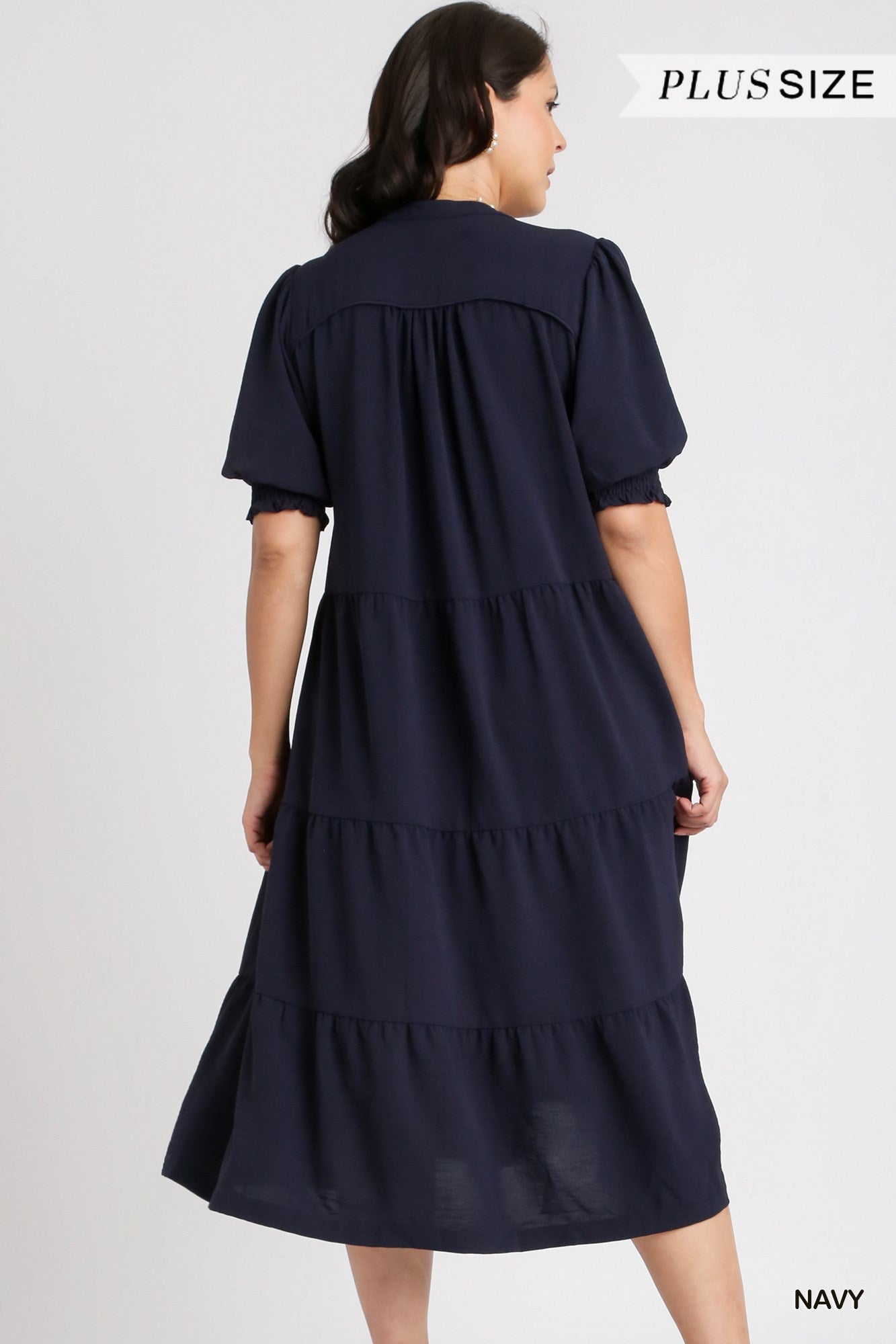 Umgee Plus Solid A-Line Tiered Split Neck Balloon Sleeves Piping Midi Dress