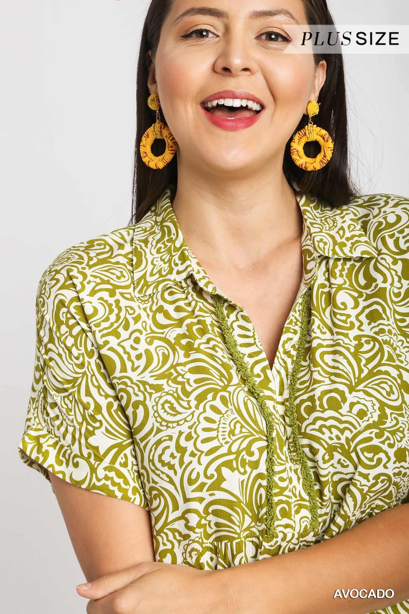 Umgee Plus Floral Paisley Mixed Print Collared V-Neck Tiered Fray Dress