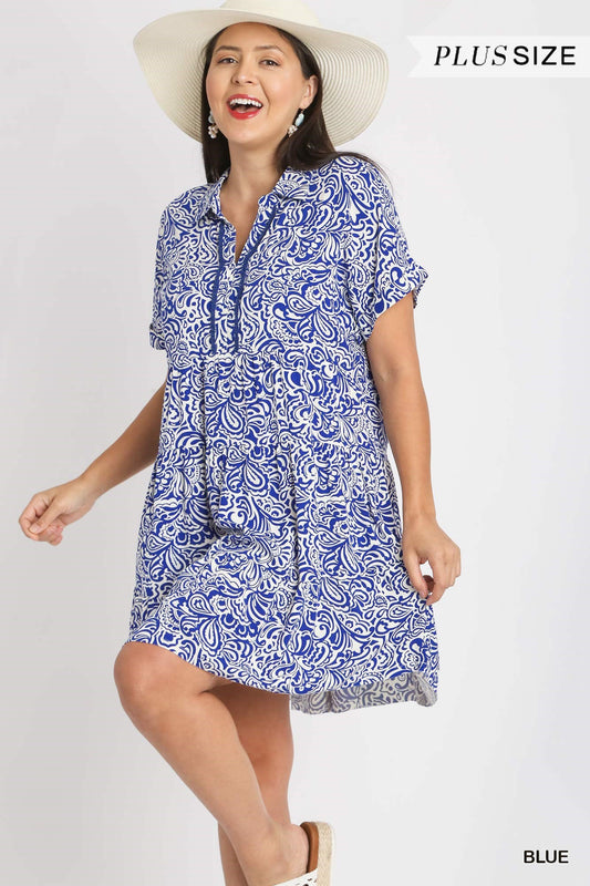 Umgee Plus Floral Paisley Mixed Print Collared V-Neck Tiered Fray Dress