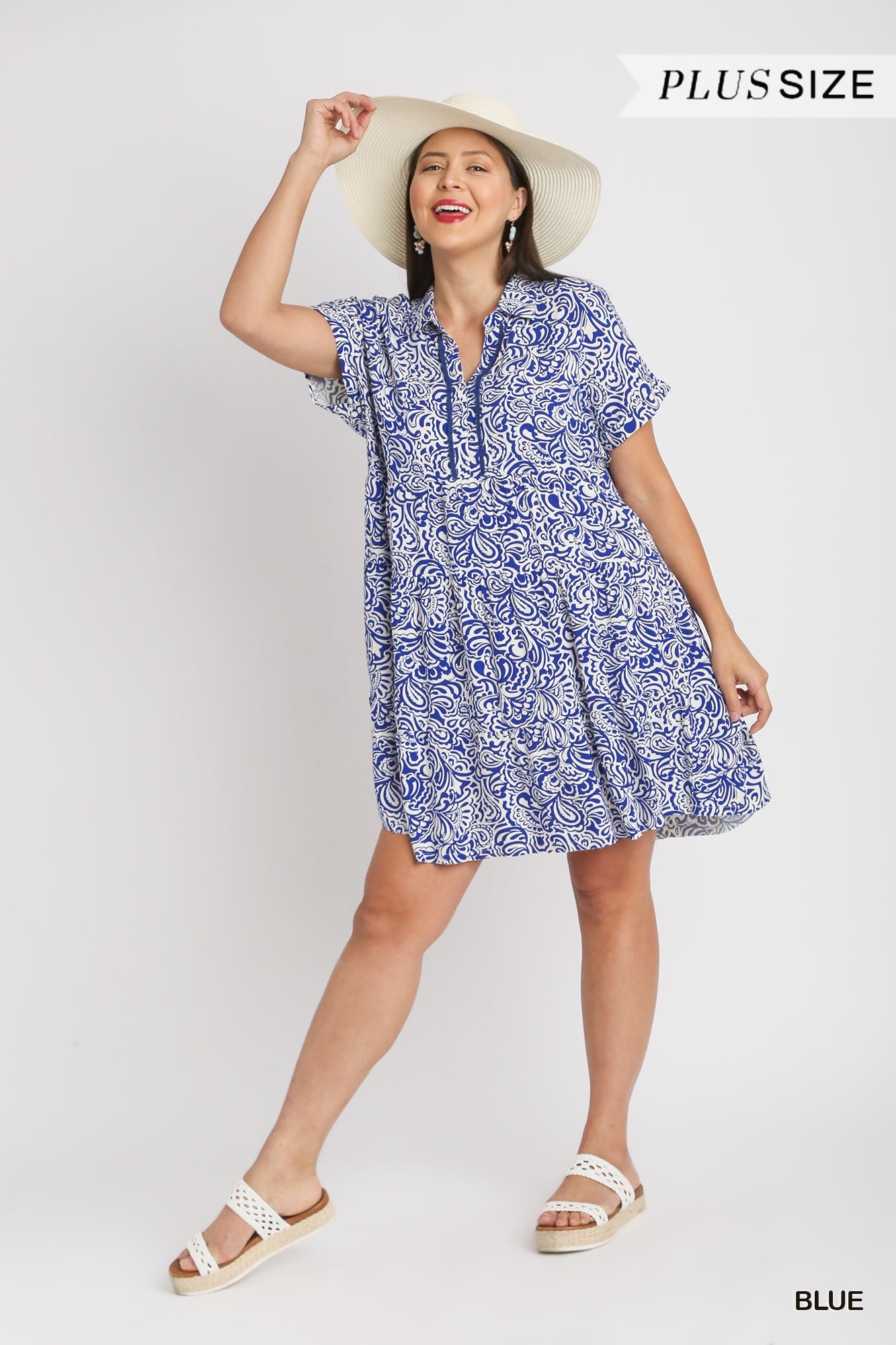 Umgee Plus Floral Paisley Mixed Print Collared V-Neck Tiered Fray Dress
