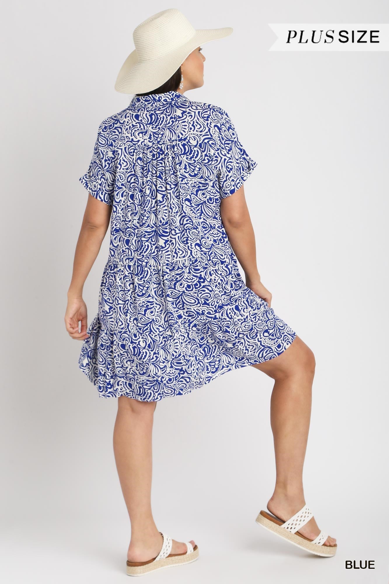 Umgee Plus Floral Paisley Mixed Print Collared V-Neck Tiered Fray Dress