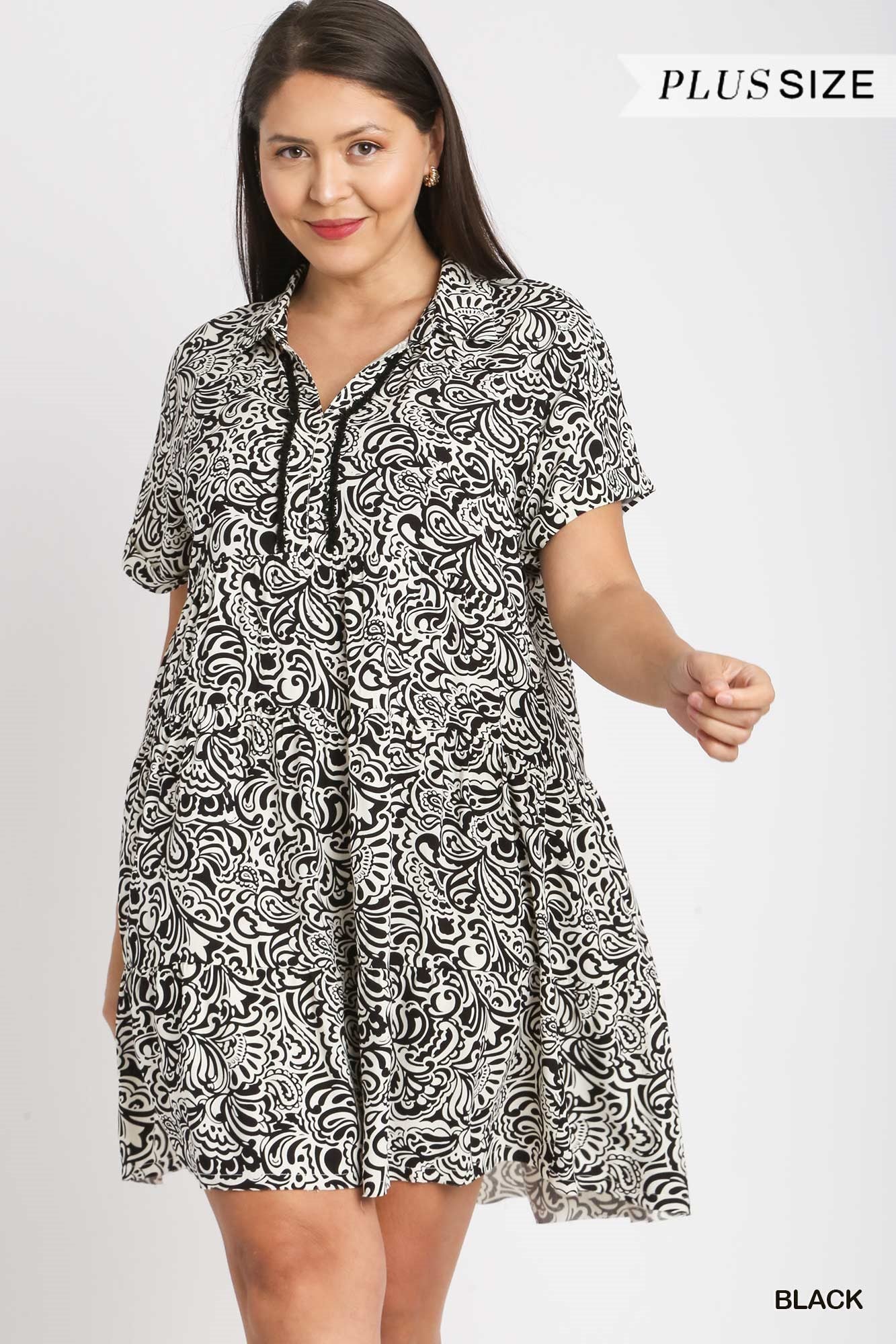 Umgee Plus Floral Paisley Mixed Print Collared V-Neck Tiered Fray Dress