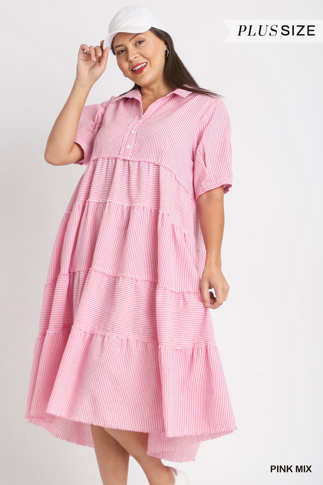 Umgee Plus Stripe Tiered A-Line Short Balloon Sleeve Fray Maxi Dress